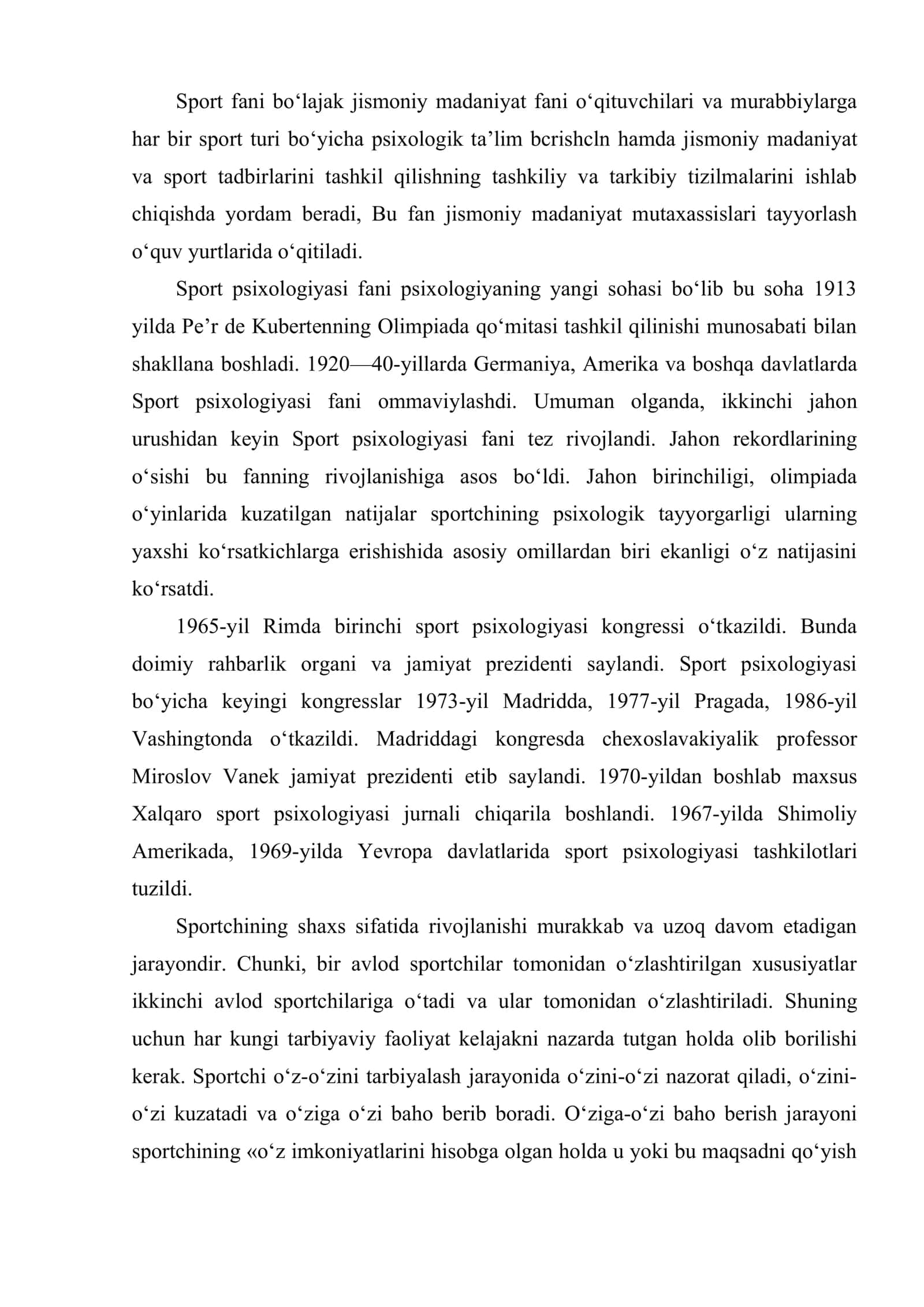 Sport psixologiyasi fanini yuzaga kelishi, tarixiy rivojlanishi hamda o‘quv va ilmiy fan sifatida o‘qitilishi 2