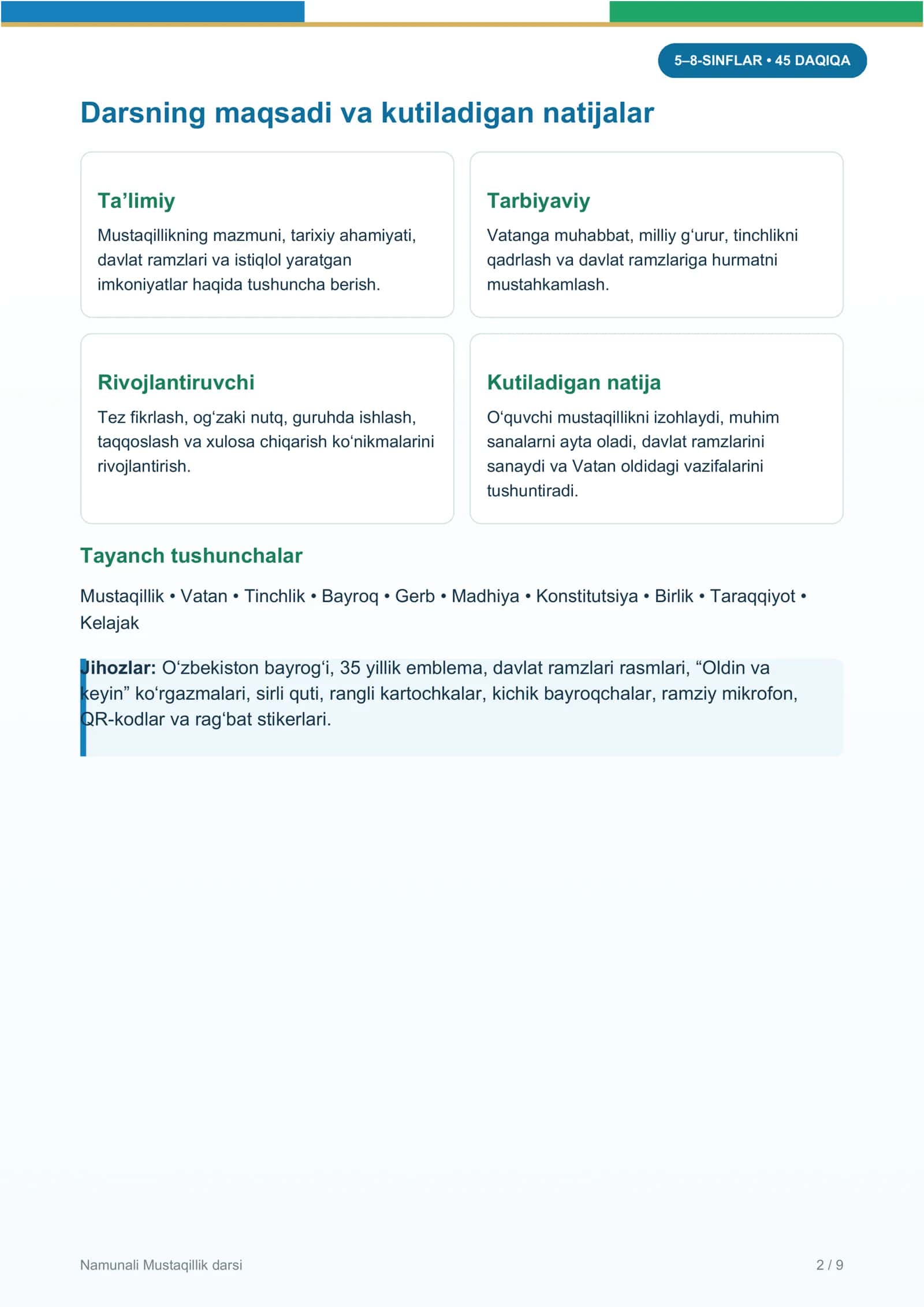 MUSTAQILLIK DARSI 5-8 SINFLAR 2026-2027 O'QUV YILI UCHUN 2