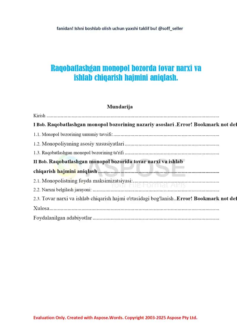 Raqobatlashgan monopol bozorda tovar narxi va ishlab chiqarish hajmini aniqlash 2