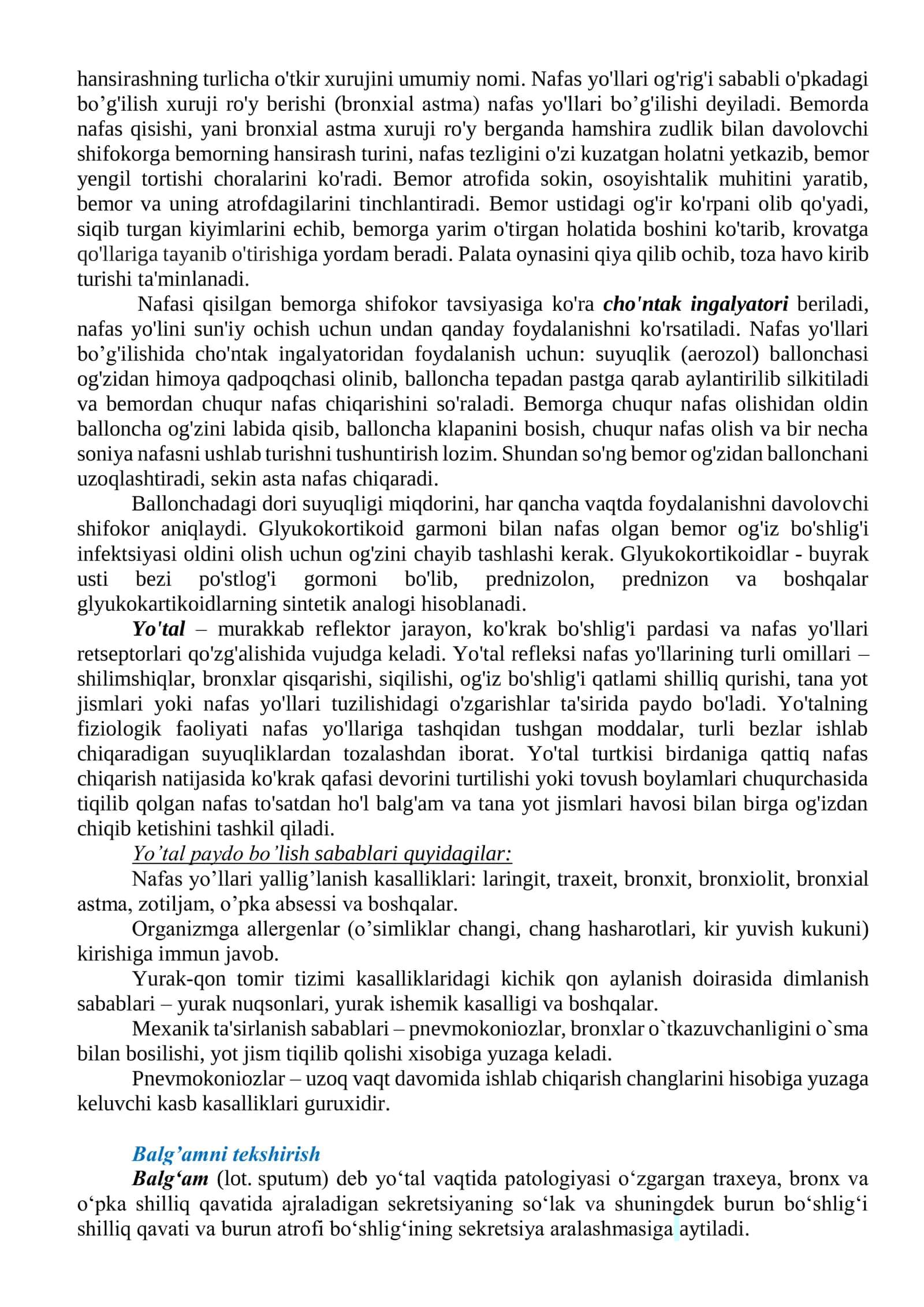 Nafas olish tizimi kasalliklari bilan og’rigan bemorlarni parvarishi va nazorati 2