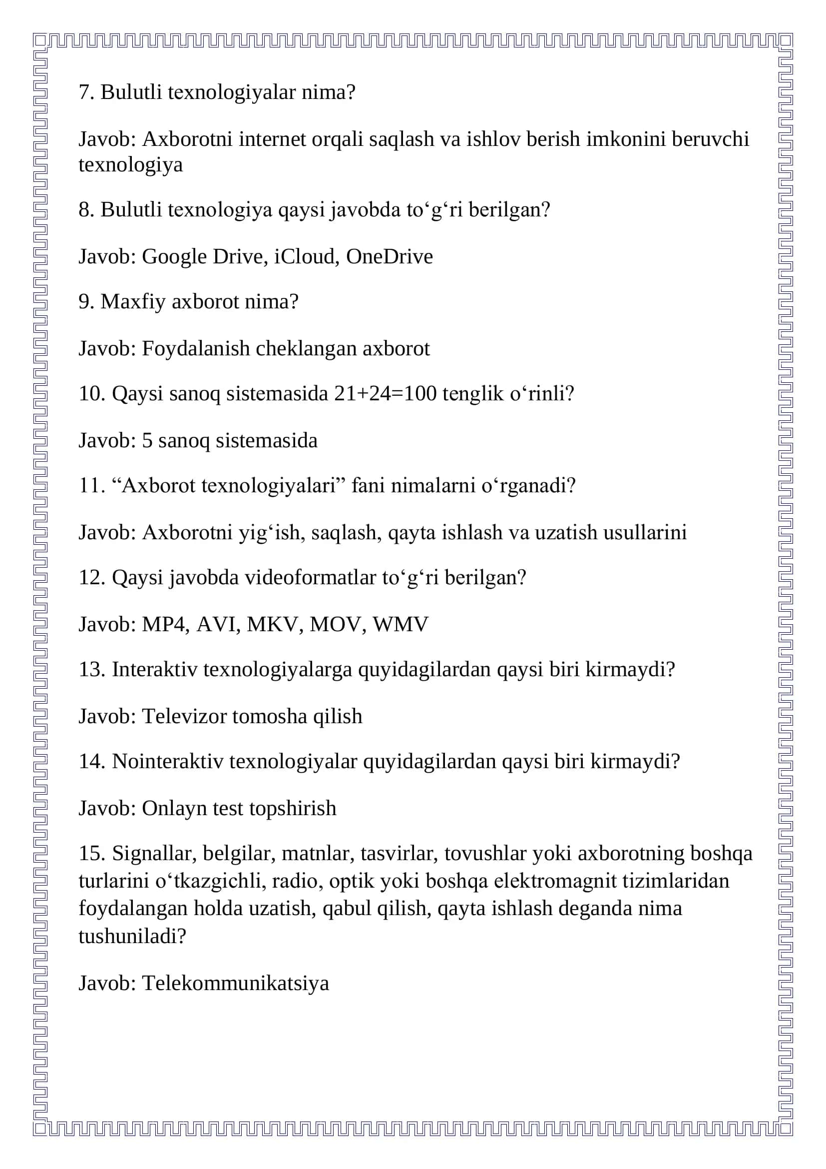 Argosning so’ngi test javoblari 2026-yil Axborot texnologiyalari bo’yicha 2