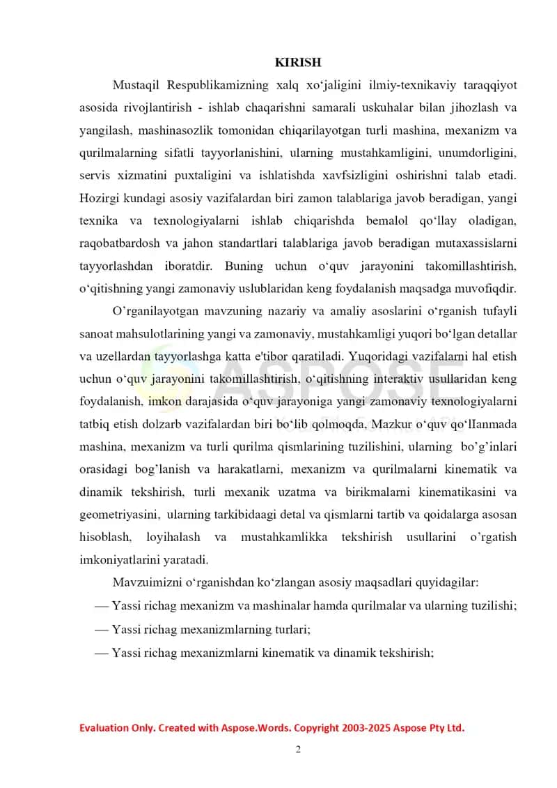 Yassi richag mexanizmini reja uslubi bo'yicha kinematik izlanish 2