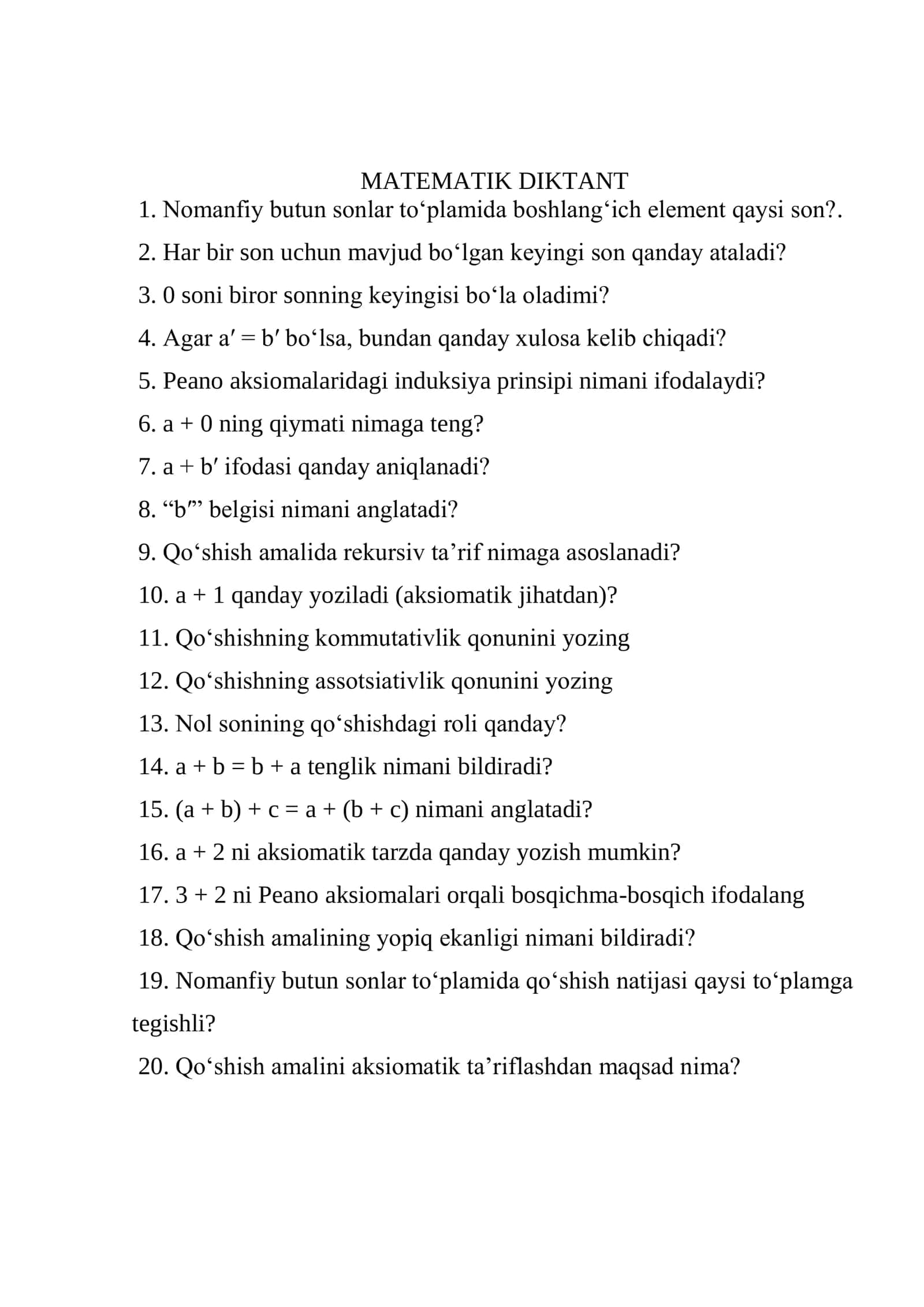 Peano aksiomalari va qo‘shish qonunlari 2