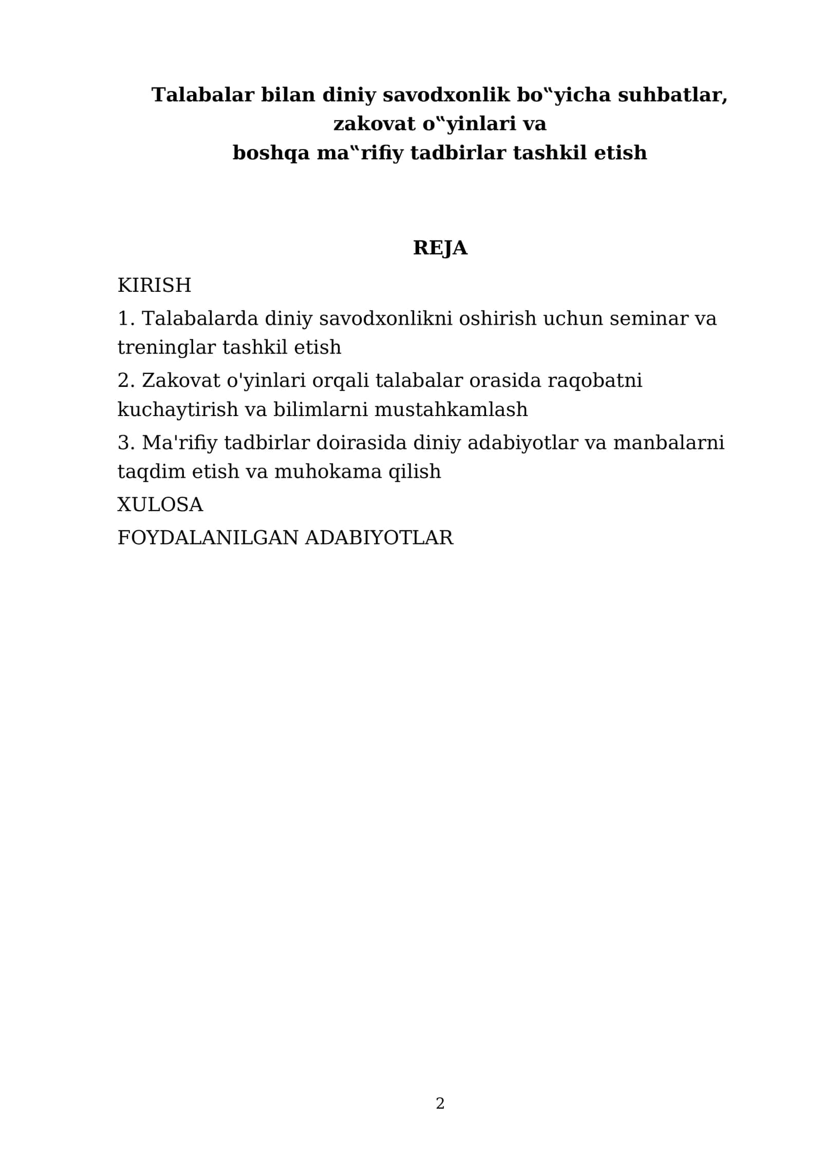 Talabalar bilan diniy savodxonlik bo‟yicha suhbatlar, zakovat o‟yinlari va boshqa ma‟rifiy tadbirlar tashkil etish 2