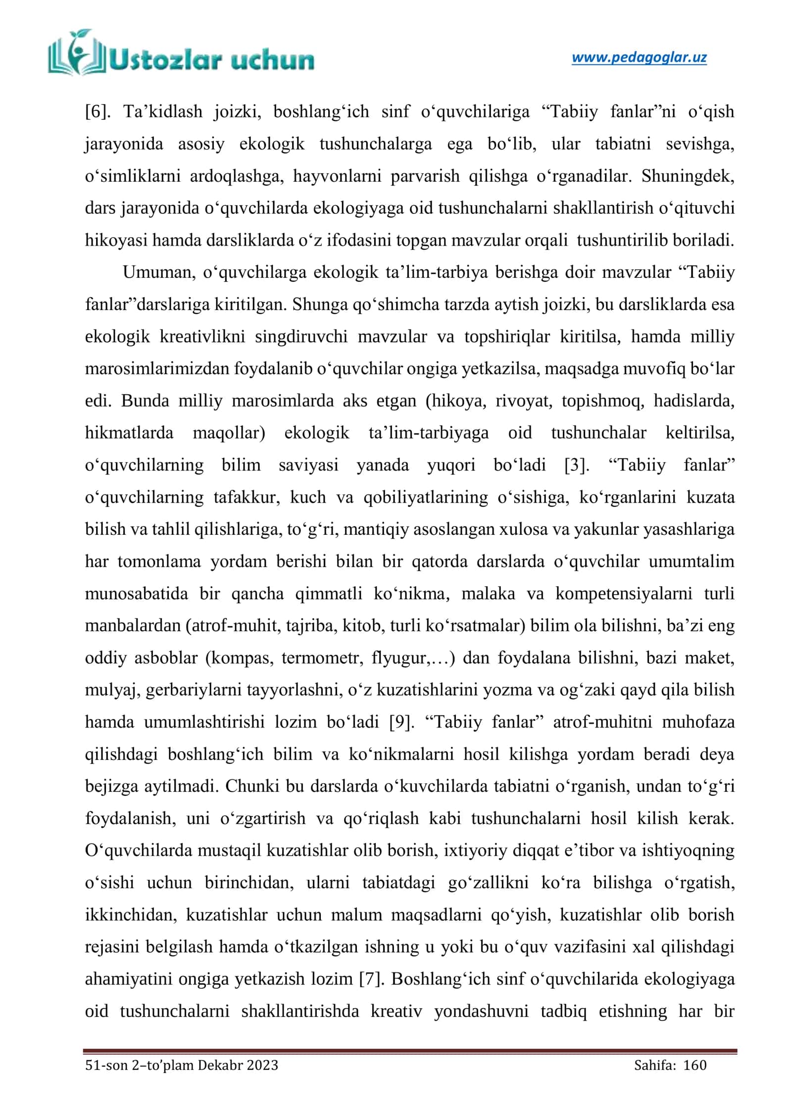 BOSHLANG‘ICH SINFLARDA TABIIY FANLARNI O‘QITISHDA O‘QUVCHILARNING EKOLOGIYAGA OID TUSHUNCHALARINI KREATIV YONDASHUV ASOSIDA TAKOMILLASHTIRISH METODIKASI 2