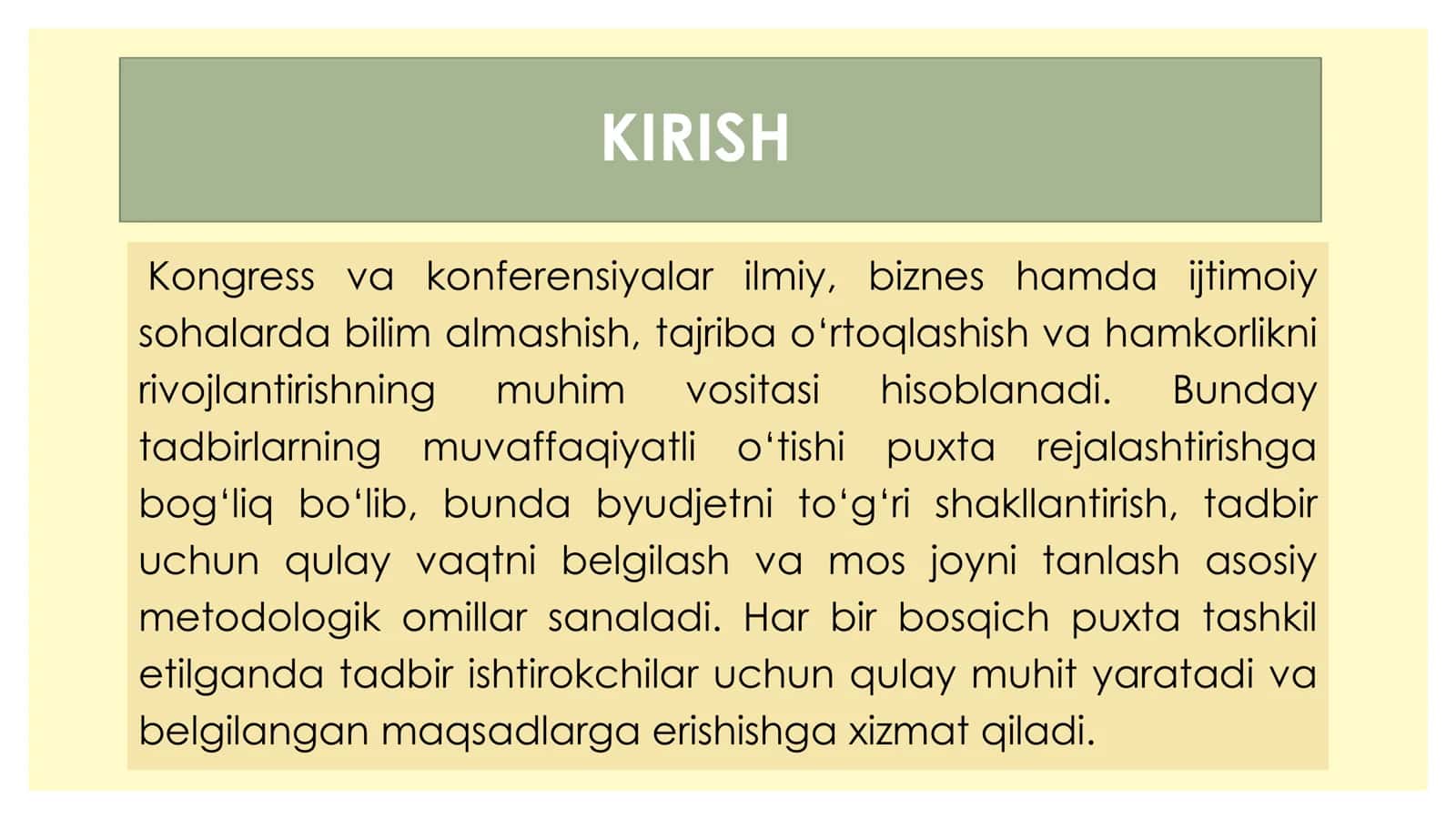 KONGRESS VA KONFERENSIYA TADBIRLARINI REJALASHTIRISHNING METODOLOGIK ASOSLARI: BYUDJET, VAQT VA JOY TANLASH 2