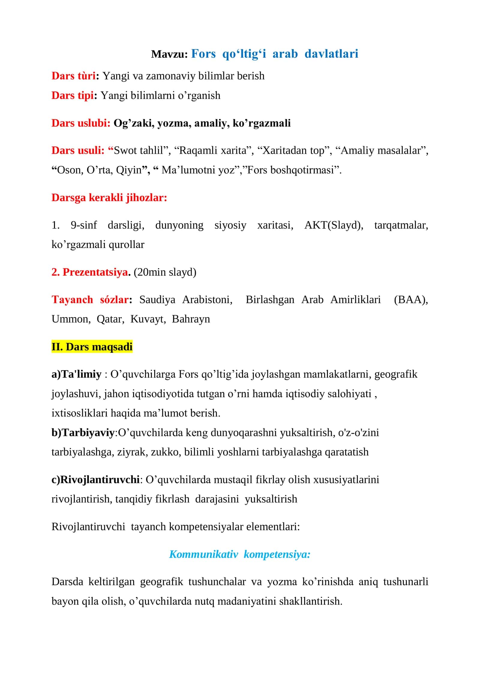 9-sinf Geografiya Fors qo'ltig'i Arab davlatlari bir soatlik dars ishlanma 2