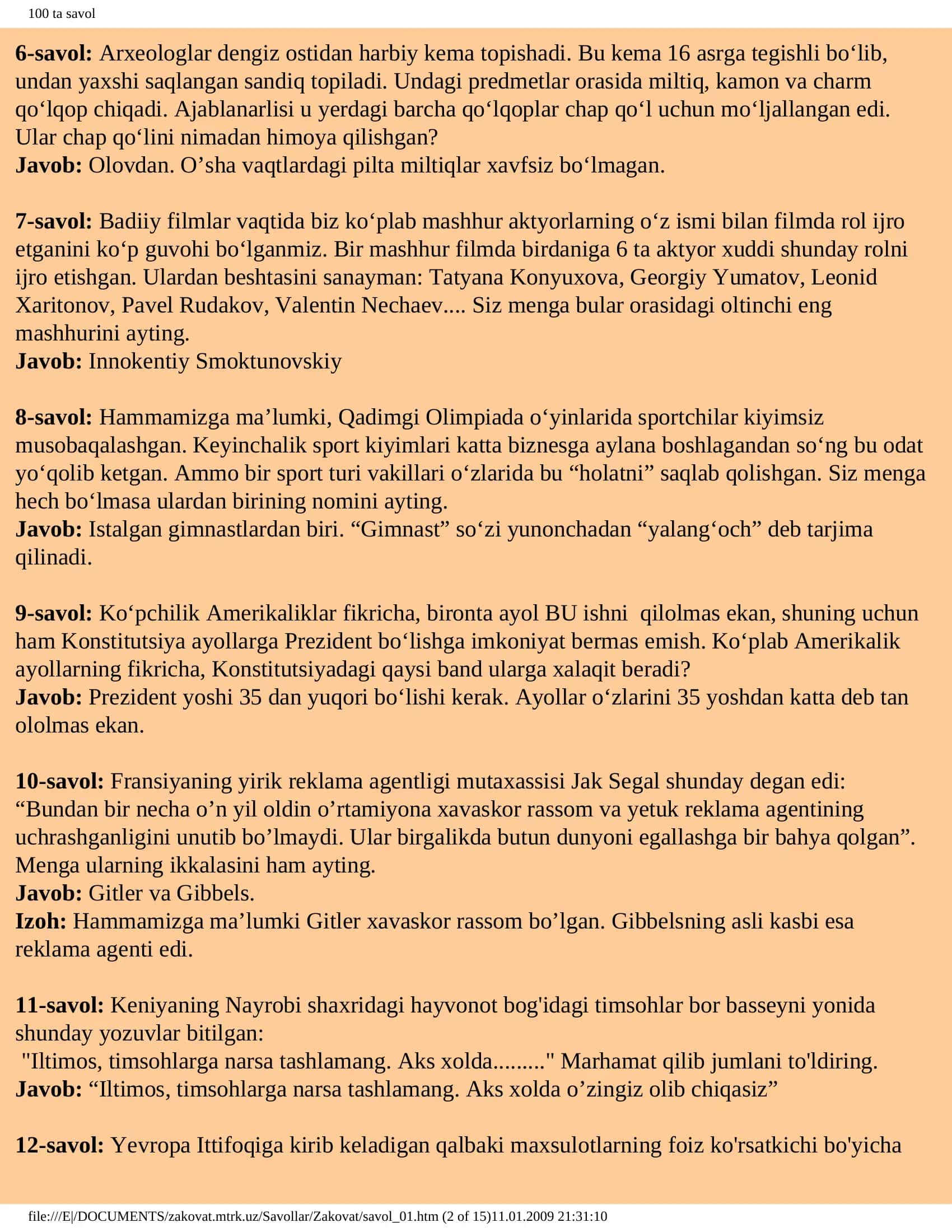 100 ta savol “ZAKOVAT” INTELLEKTUAL KLUBI 2