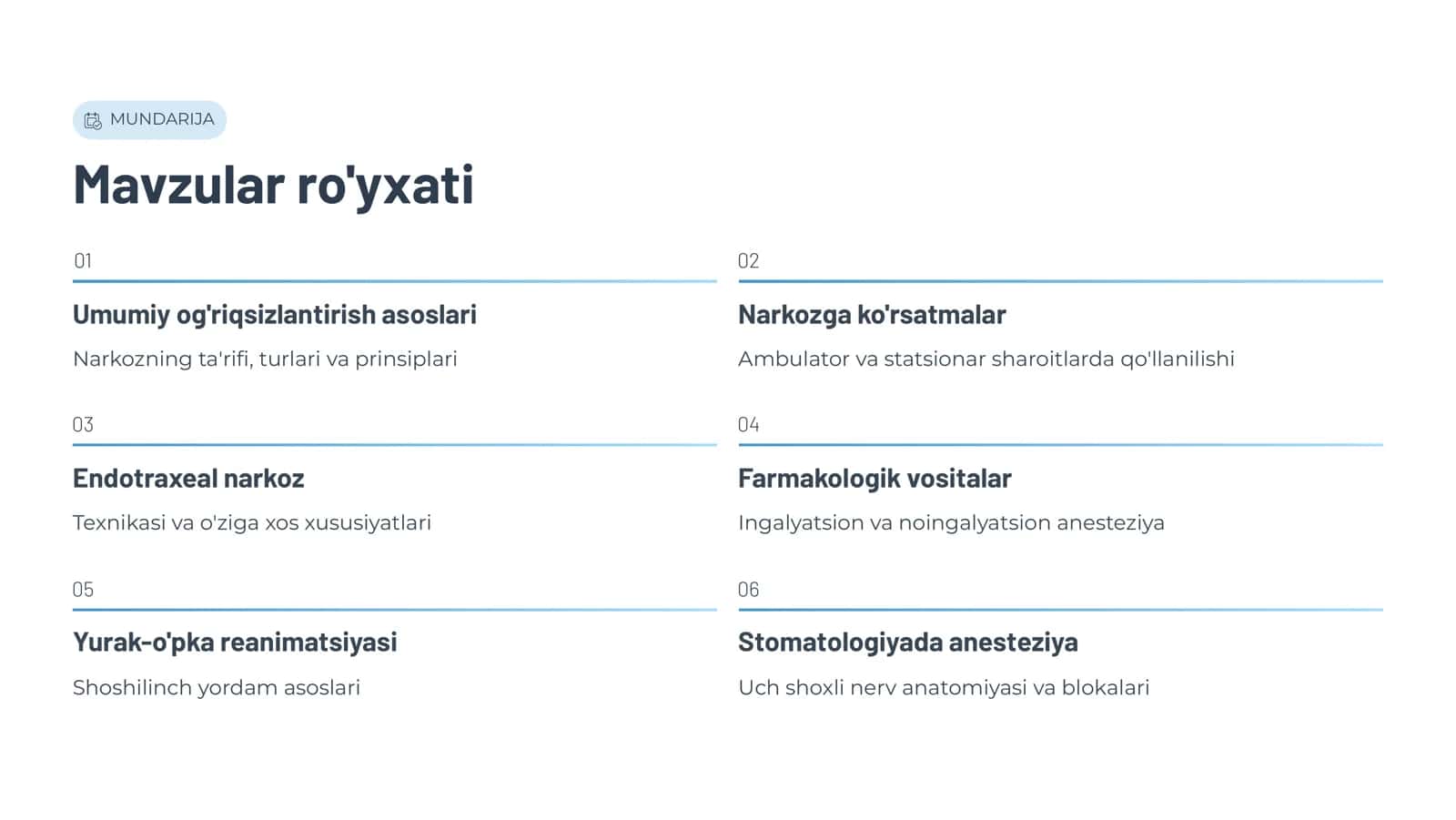 Og’riqsizlantirish. Umumiy og’riqsizlantirish, narkoz. Uning turlari. Ambulator va statsionar sharoitda narkoz o’tkazishga ko’rsatma va qarshi ko’rsatmalar. Endotraxeal narkozning o’ziga xos xususiyatlari. Ingalyatsion va noingalyatsion narkozda ishlatiladigan farmakologik dori vositalari. Yurak-o’pka reanimatsiyasi asoslari. Stоmаtоlоgiyadа оg’riqsizlаntirish. Uч shоxli nеrvning hаrаkаtlаntiruvчi vа sеzuvчi tоlаlаri. Uч shоxli nеrv yo’nаlishidа hоsil qiluvчi tugunlаr. 2