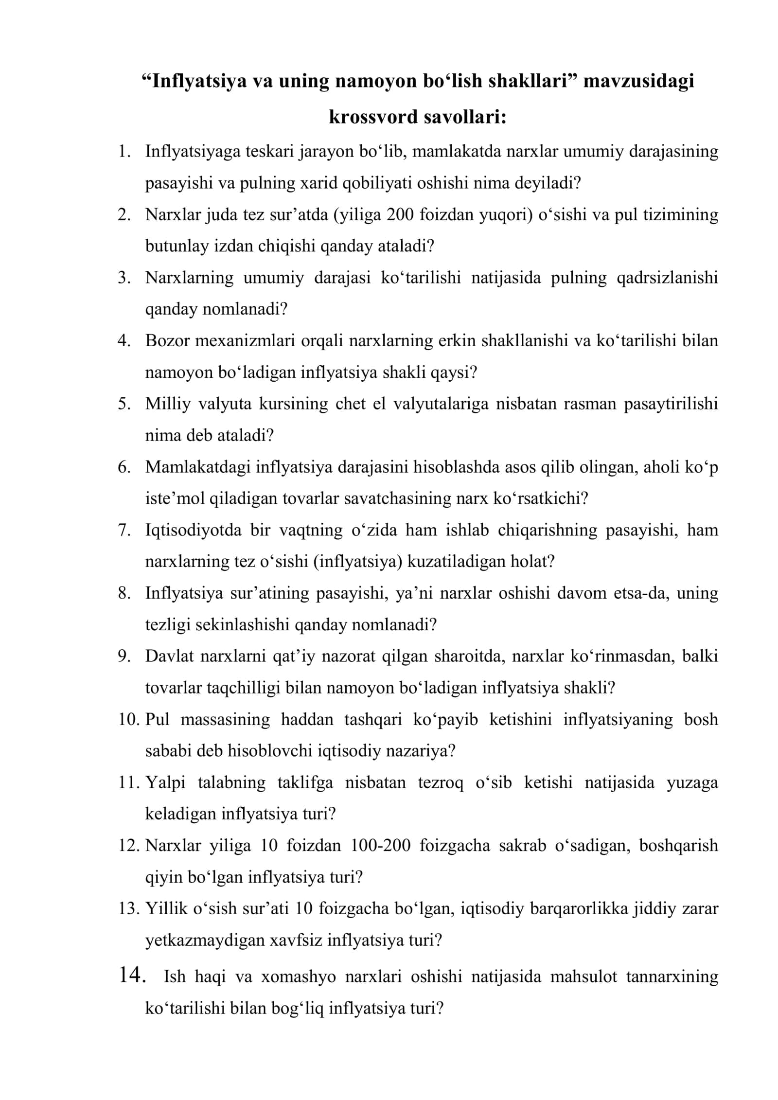 Inflyatsiya va uning namoyon bo‘lish shakllari. 2