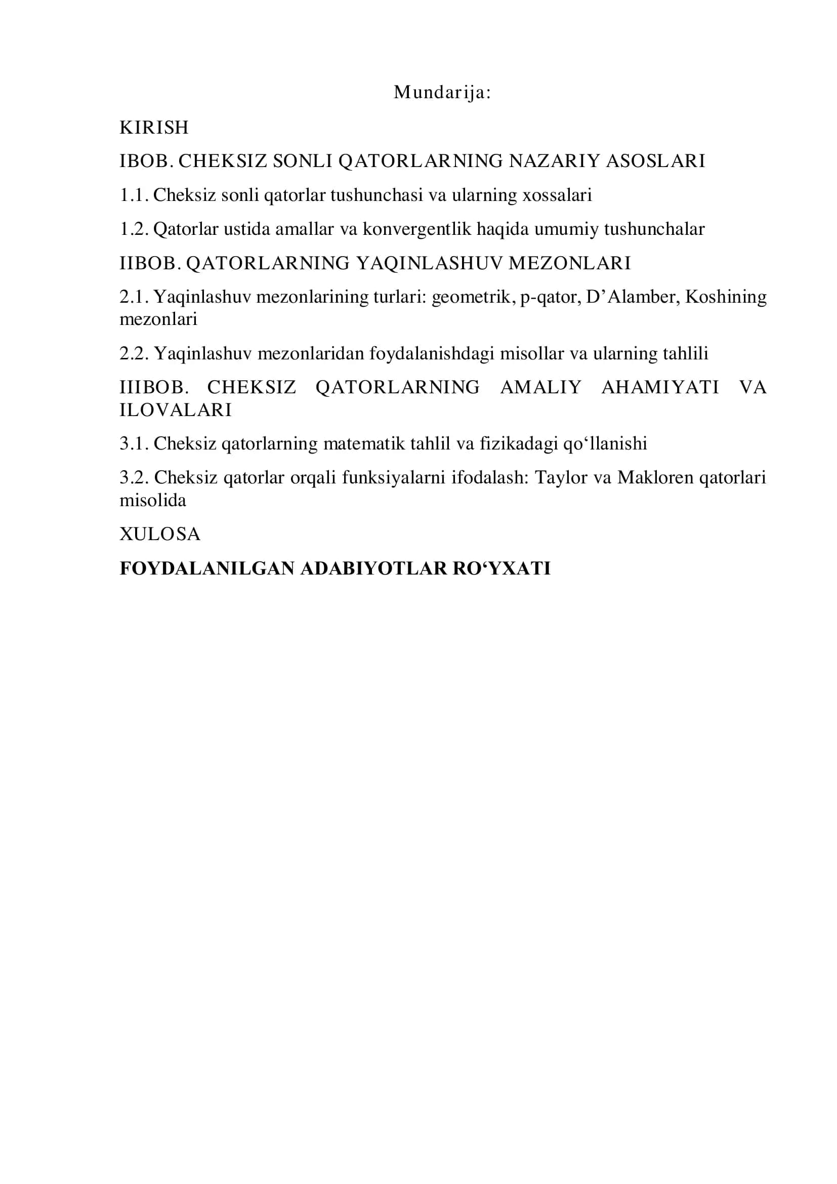 Cheksiz sonli qatorlar va ularning yaqinlashuv mezonlari 2