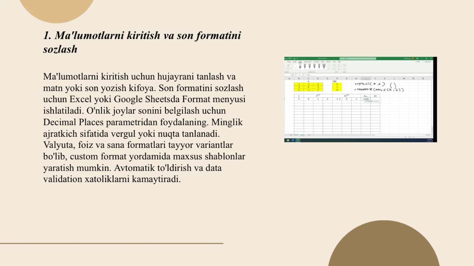 Excel dasturida sonli malumotlar bilan ishlash 2