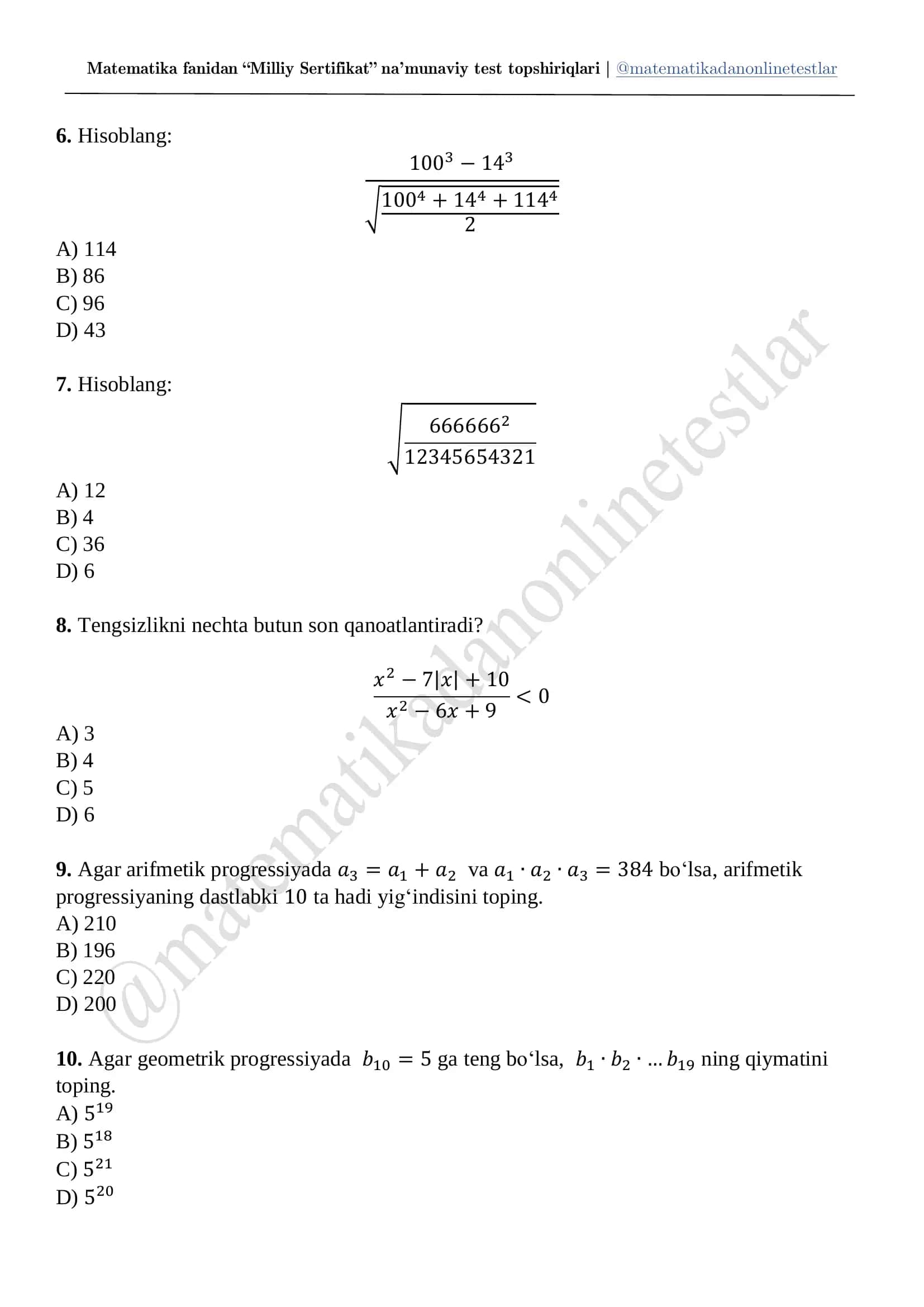 Matematika fanidan “Milliy Sertifikat” na’munaviy test topshiriqlari 2