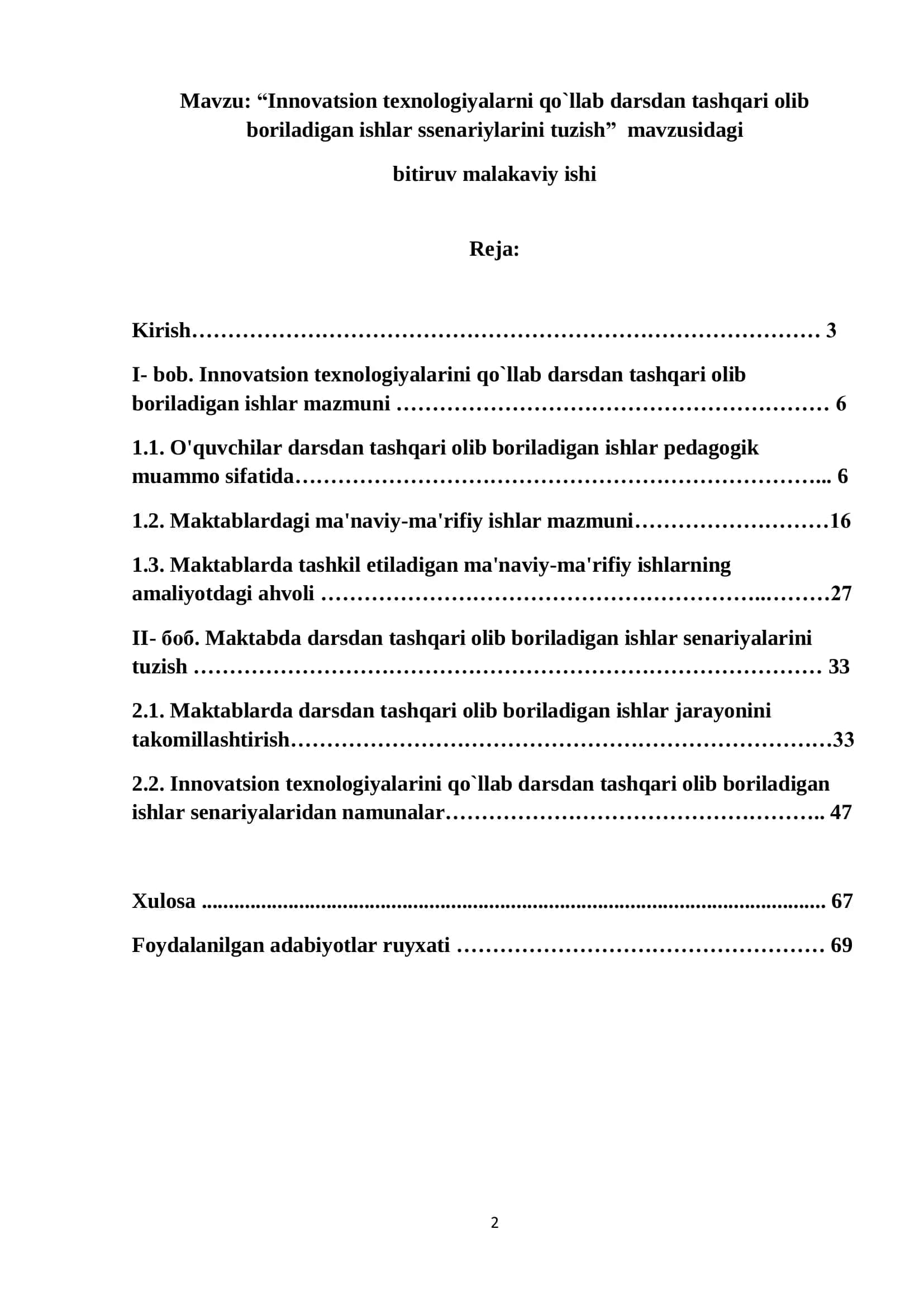 Innovatsion texnologiyalarni qo'llab darsdan tashqari olib boriladigan ishlar senariysini tuzish 2