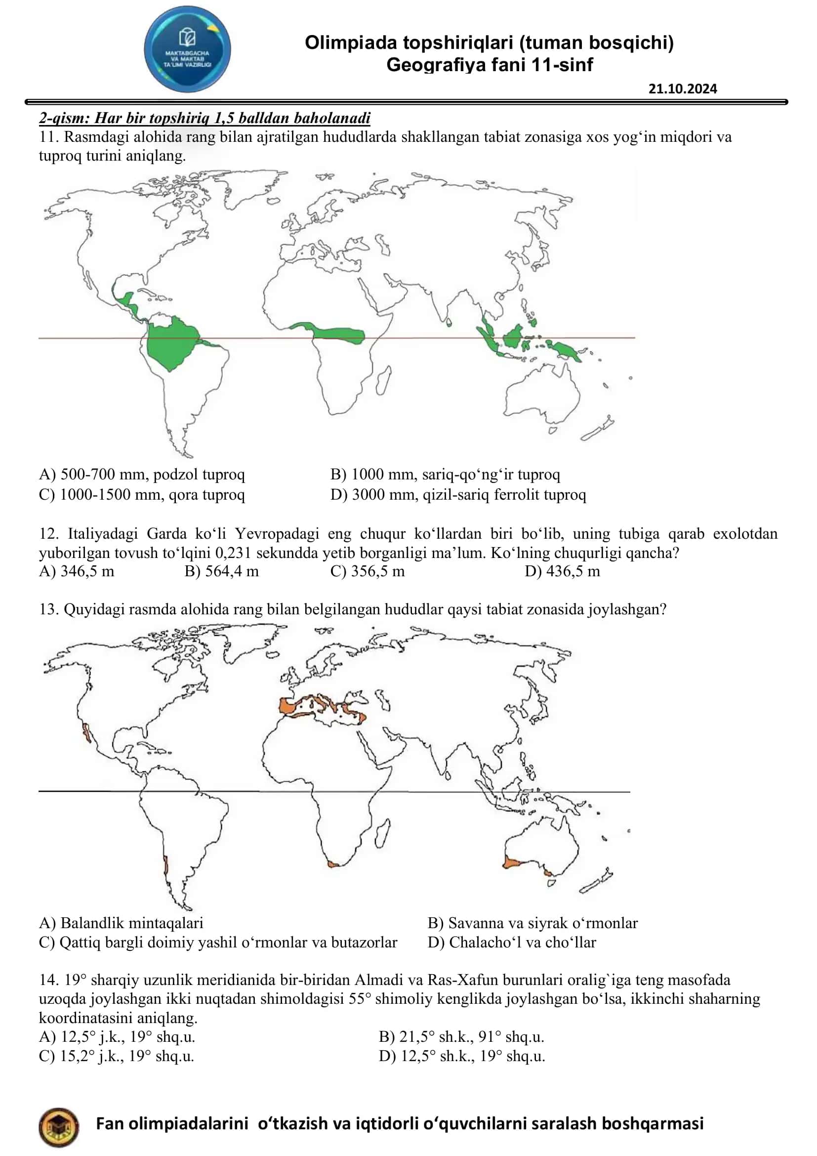 Olimpiada topshiriqlari (11-sinf Geografiya tuman bosqichi 2024) 2