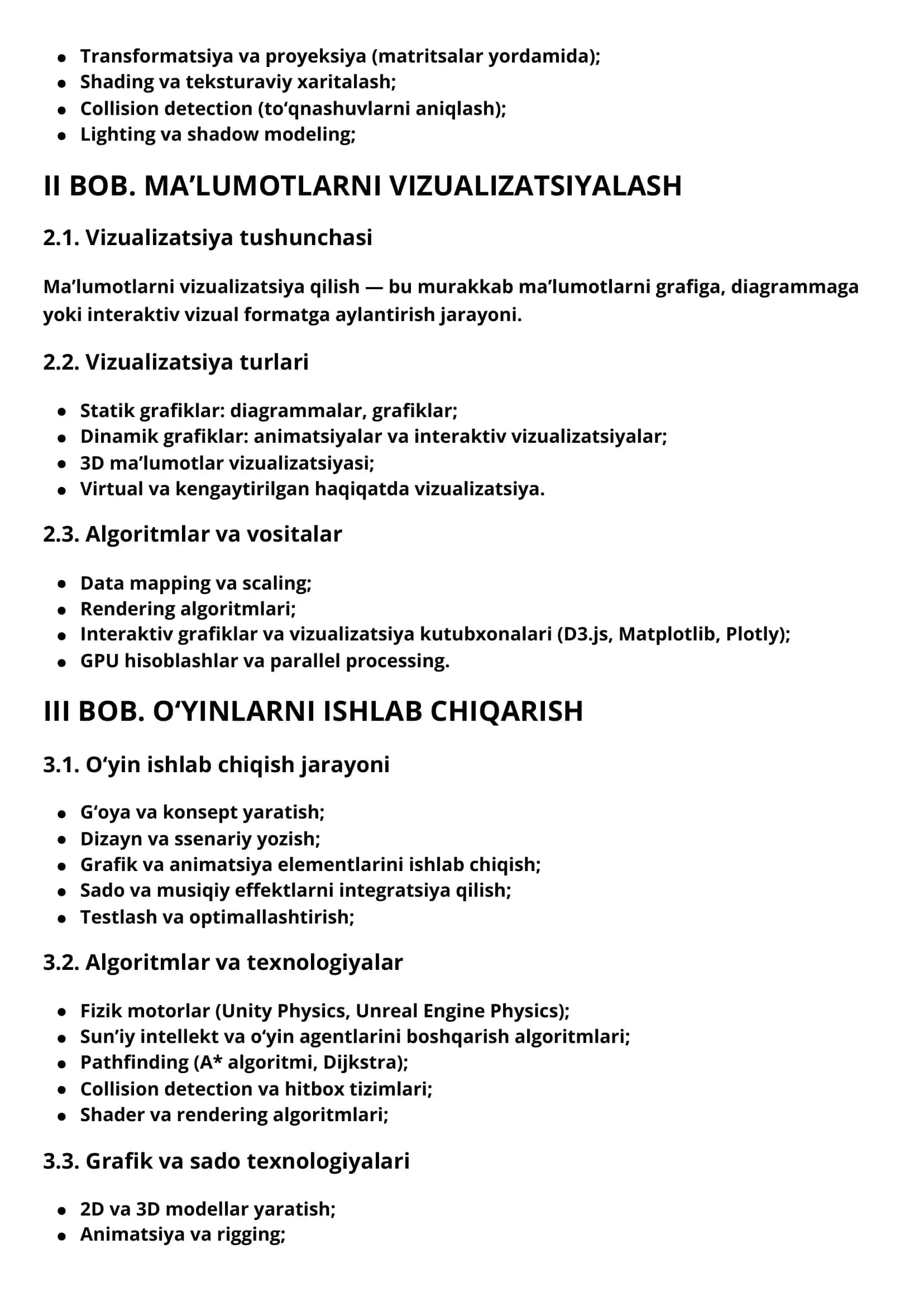 KOMPYUTER GRAFIKASI VA MA’LUMOTLARNI VIZUALIZATSIYALASH VA O‘YINLARNI ISHLAB CHIQARISH: ALGORITMLAR, GRAFIKA VA SADO 2