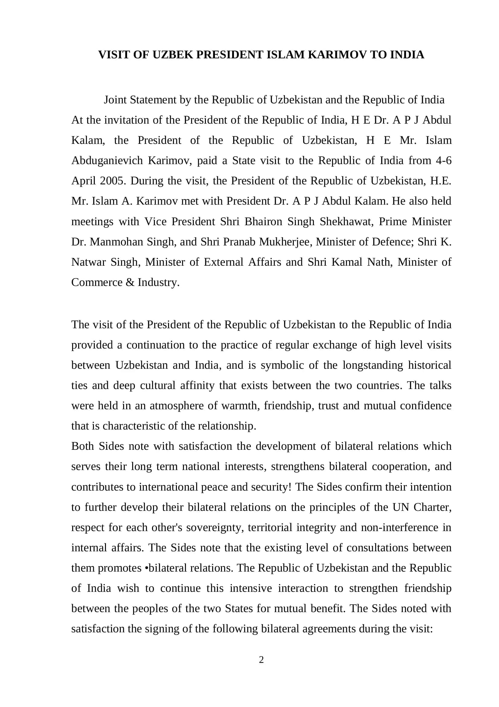 VISIT OF UZBEK PRESIDENT ISLAM KARIMOV TO INDIA 2