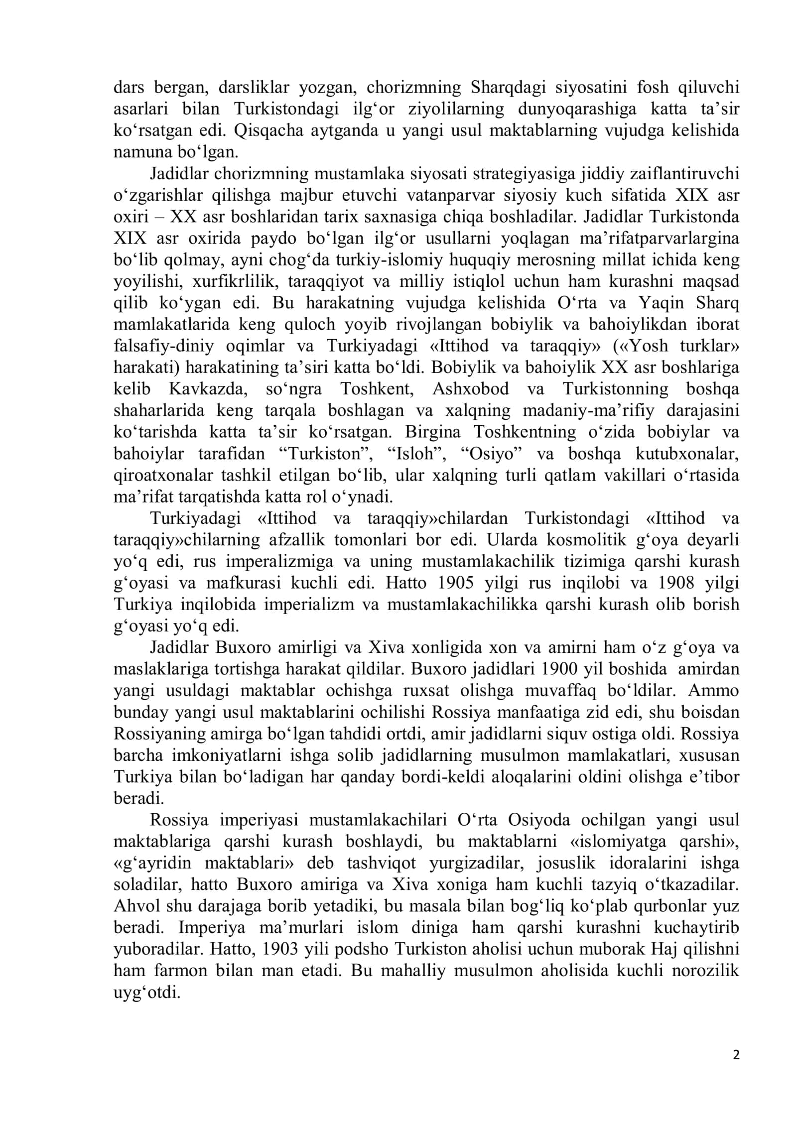 Turkiston o‘lkasida jadidchilik harakati va siyosiy harakatlar 2