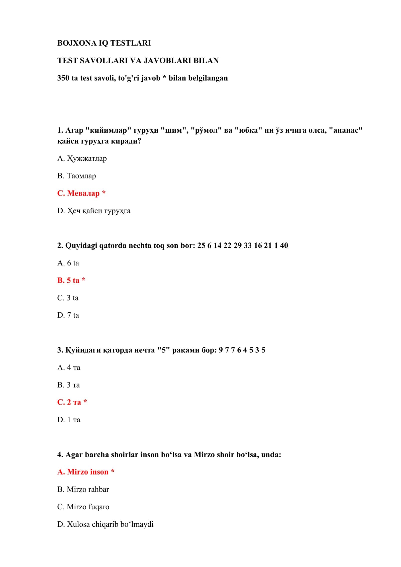 BOJXONA IQ TESTLARI 2