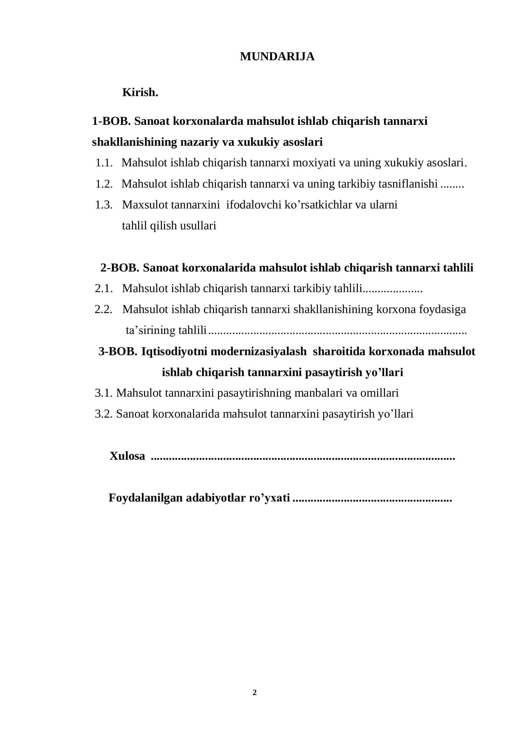 Mahsulot ishlab chiqarish tannarxi tahlili 2