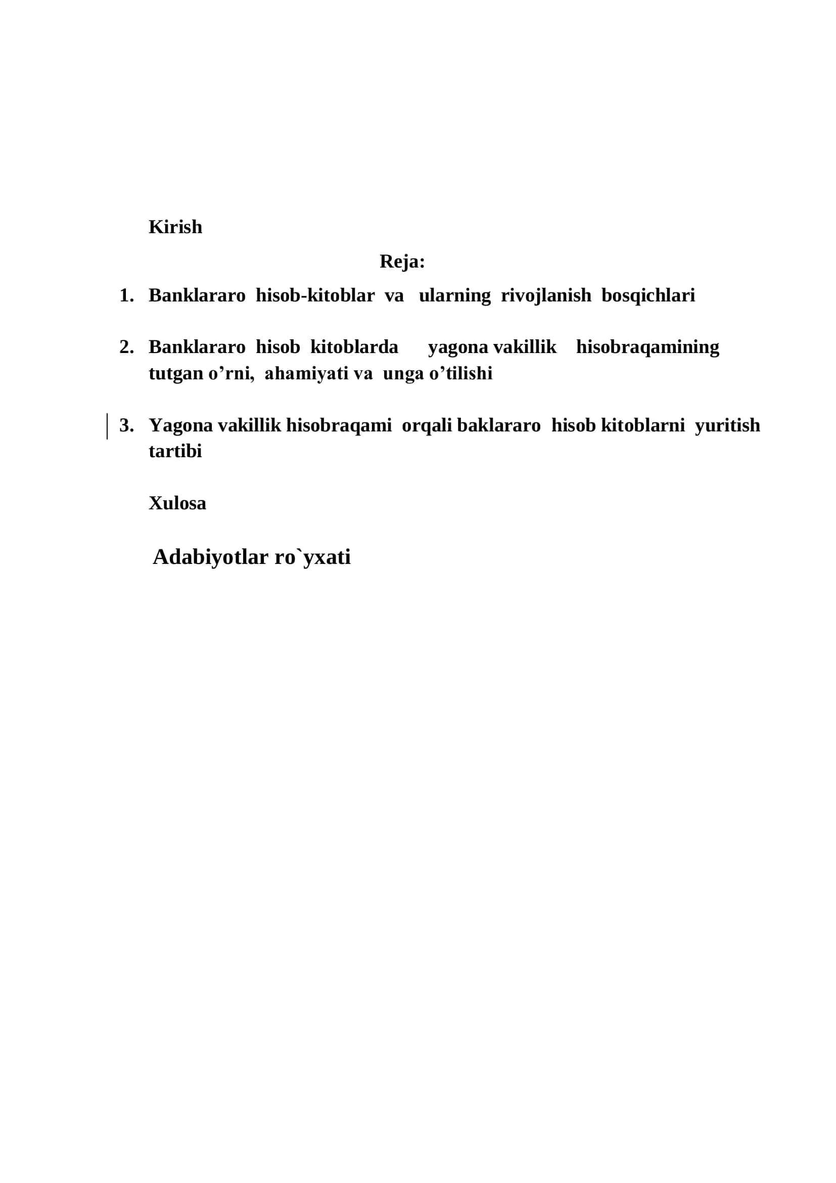Banklararo hisob-kitoblarda yagona vakillik hisobvarag`ini qo`llanilishi va ahamiyati 2