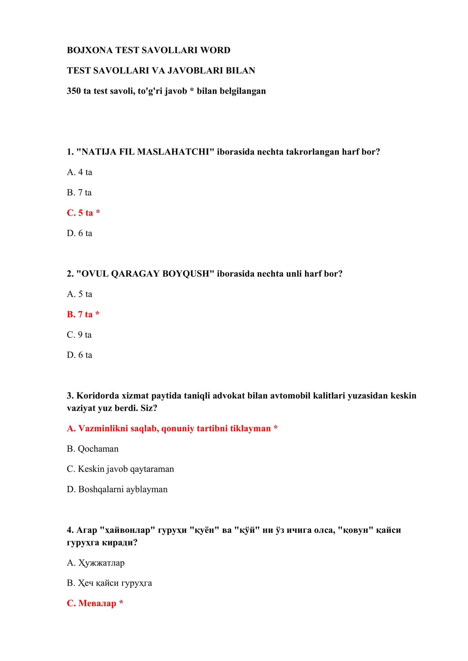 BOJXONA TEST SAVOLLARI WORD 2