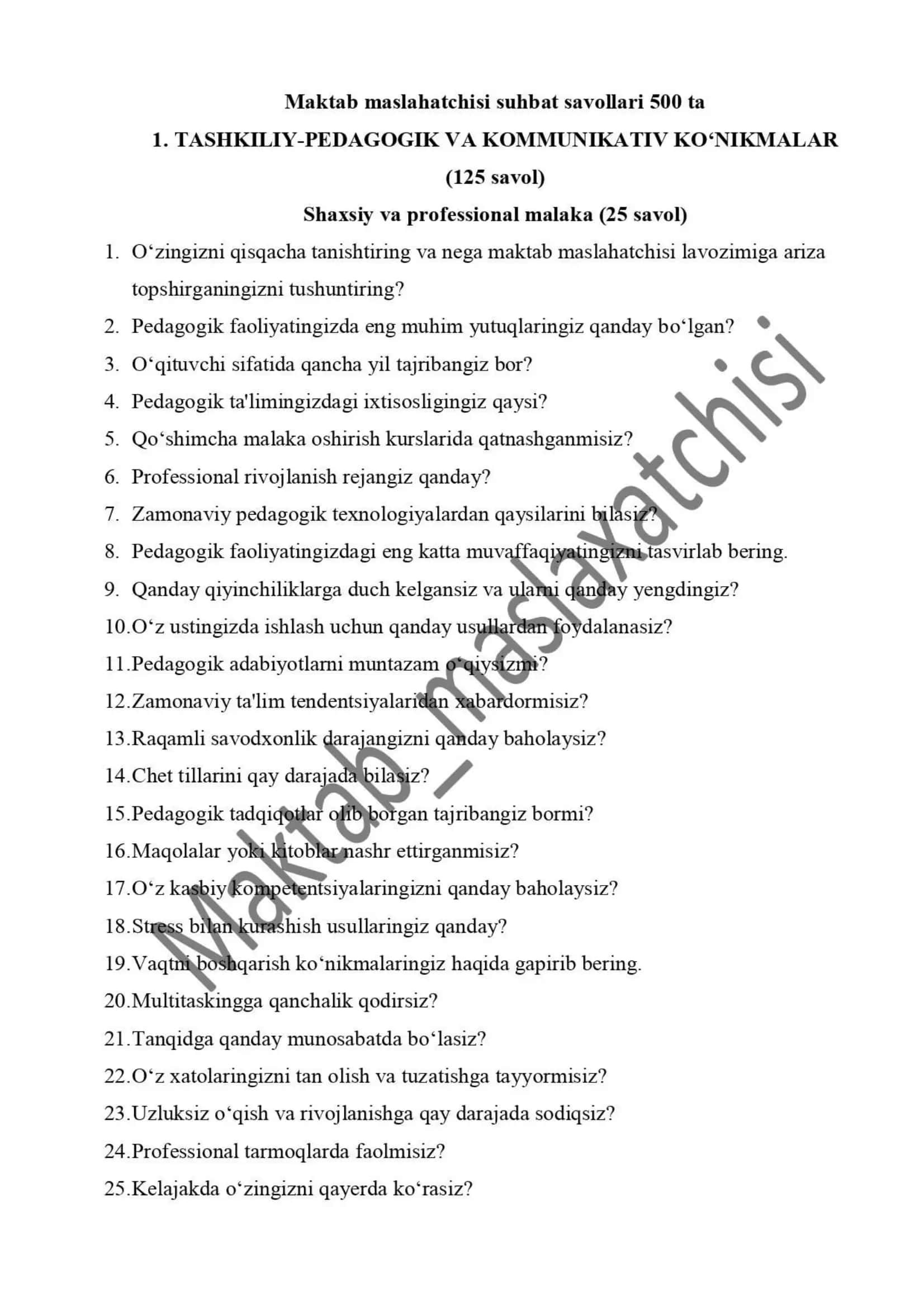 Maktab maslahatchisi suhbat savollari 500 ta 2