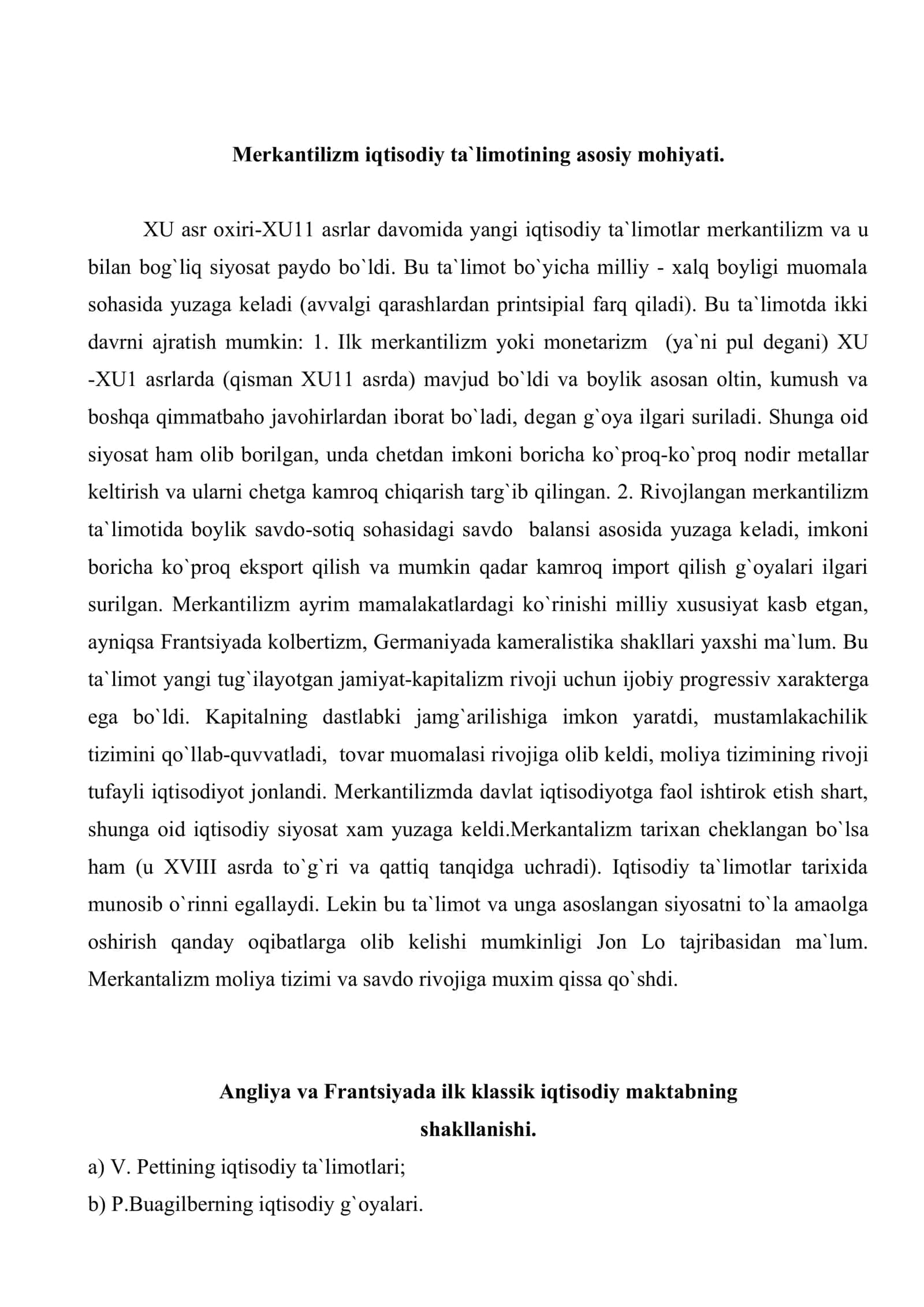 Mеrkantilizm va ilk klassik iqtisodiy maktabning vujudga kеlishi 2