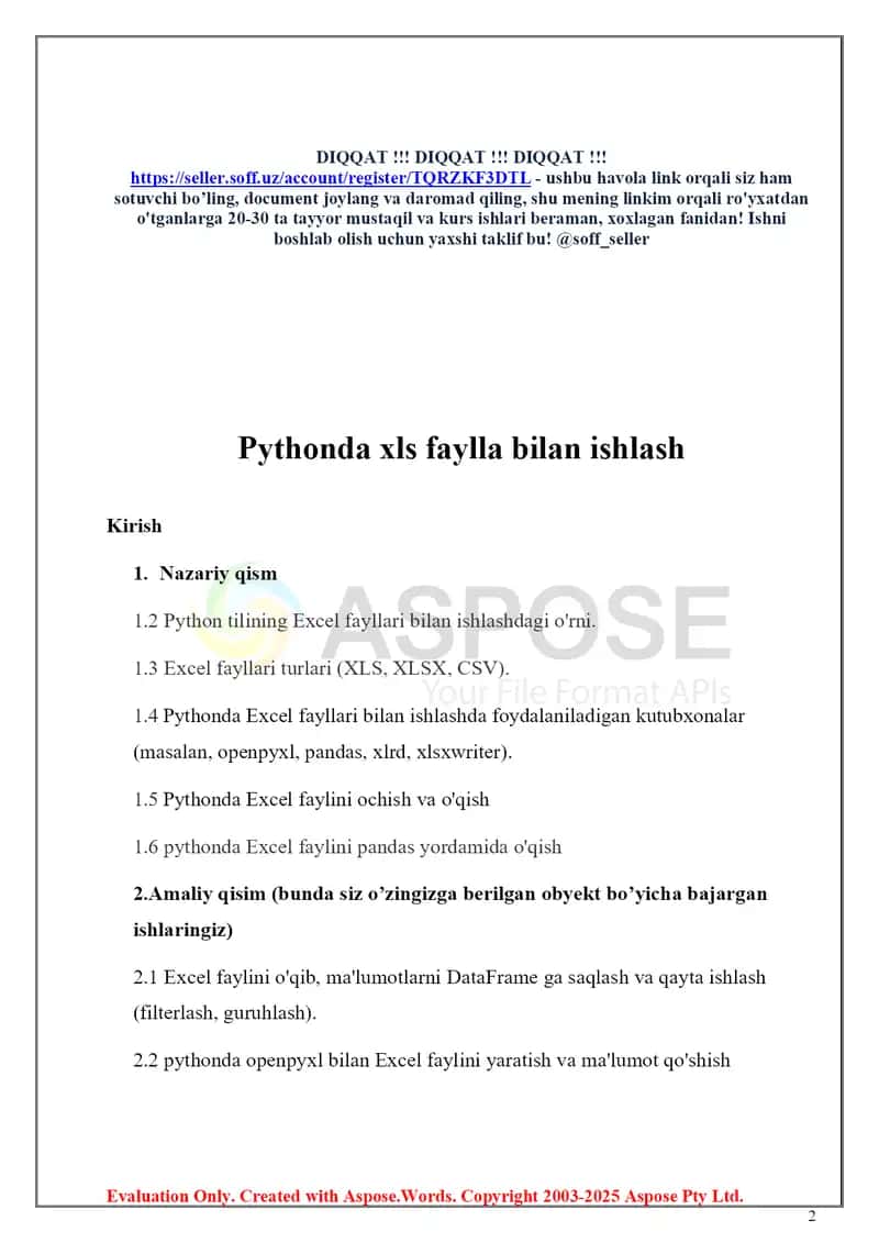 Pythonda Excel (XLS, XLSX, CSV) fayllari bilan ishlash 2