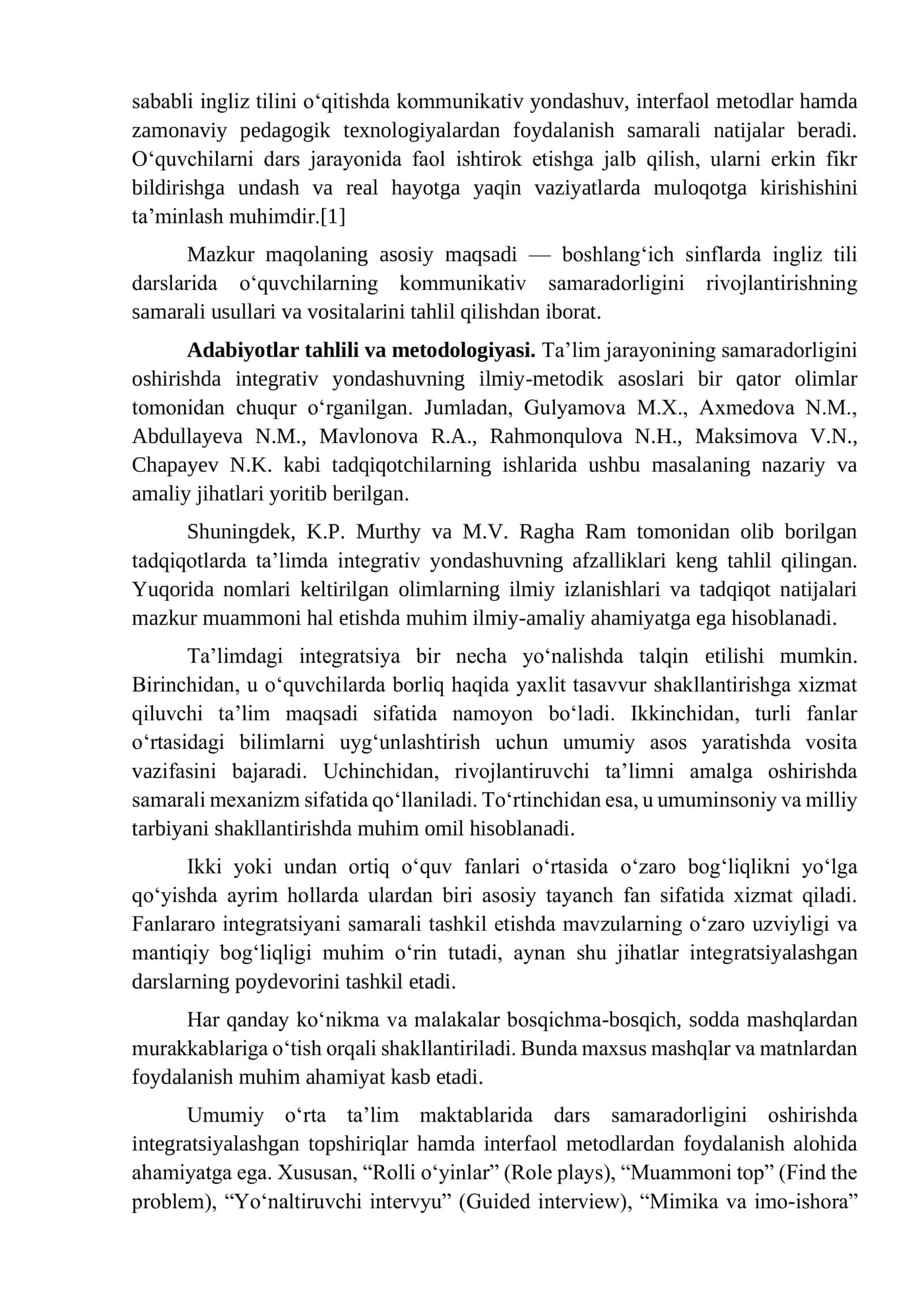 BOSHLANG‘ICH SINFLARDA INGLIZ TILI DARSLARIDA O‘QUVCHILARNING KOMMUNIKATIV SAMARADORLIGINI RIVOJLANTIRISH 2