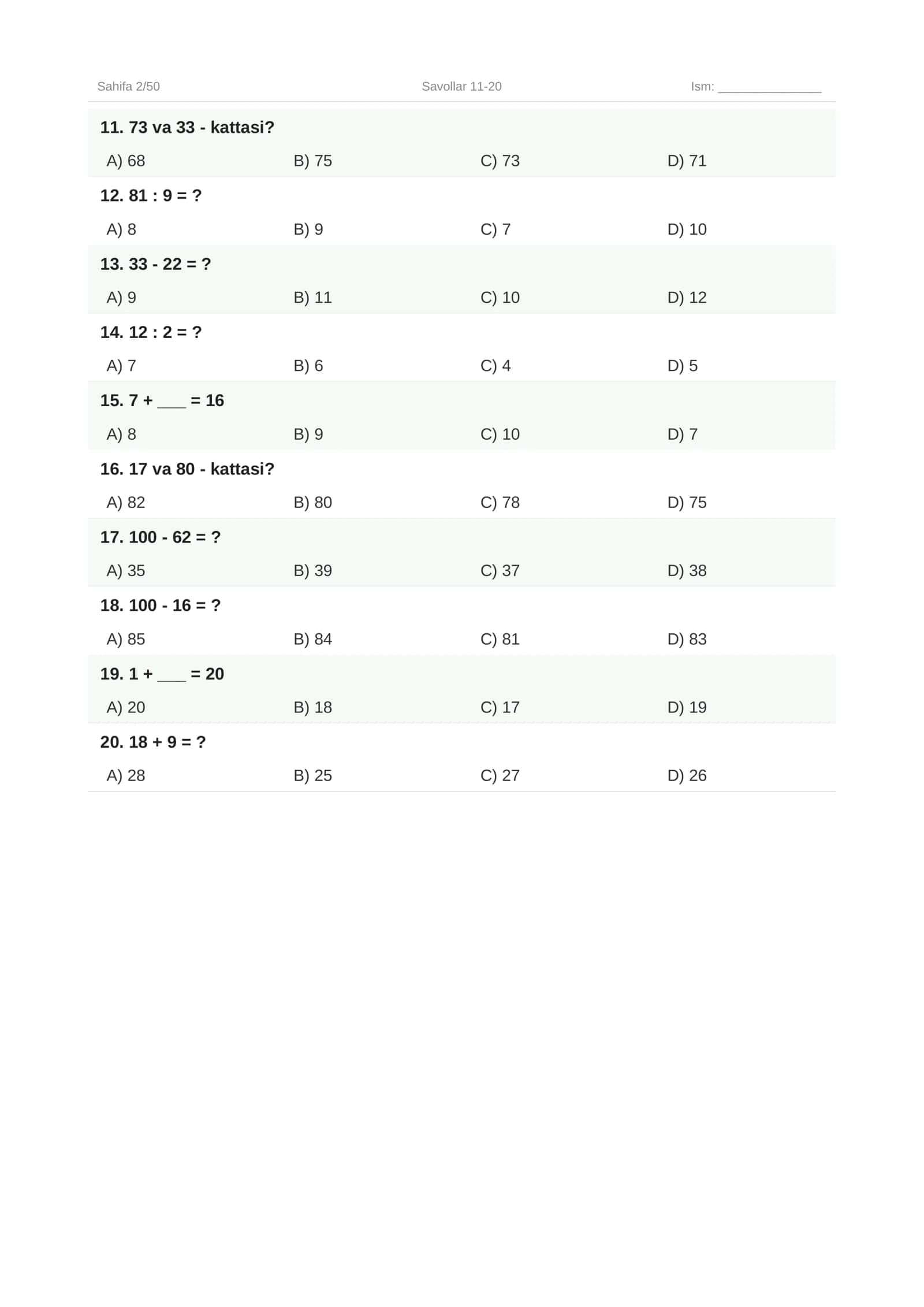 Boshlang'ich sinflar uchun matematikadan 500 ta test 2