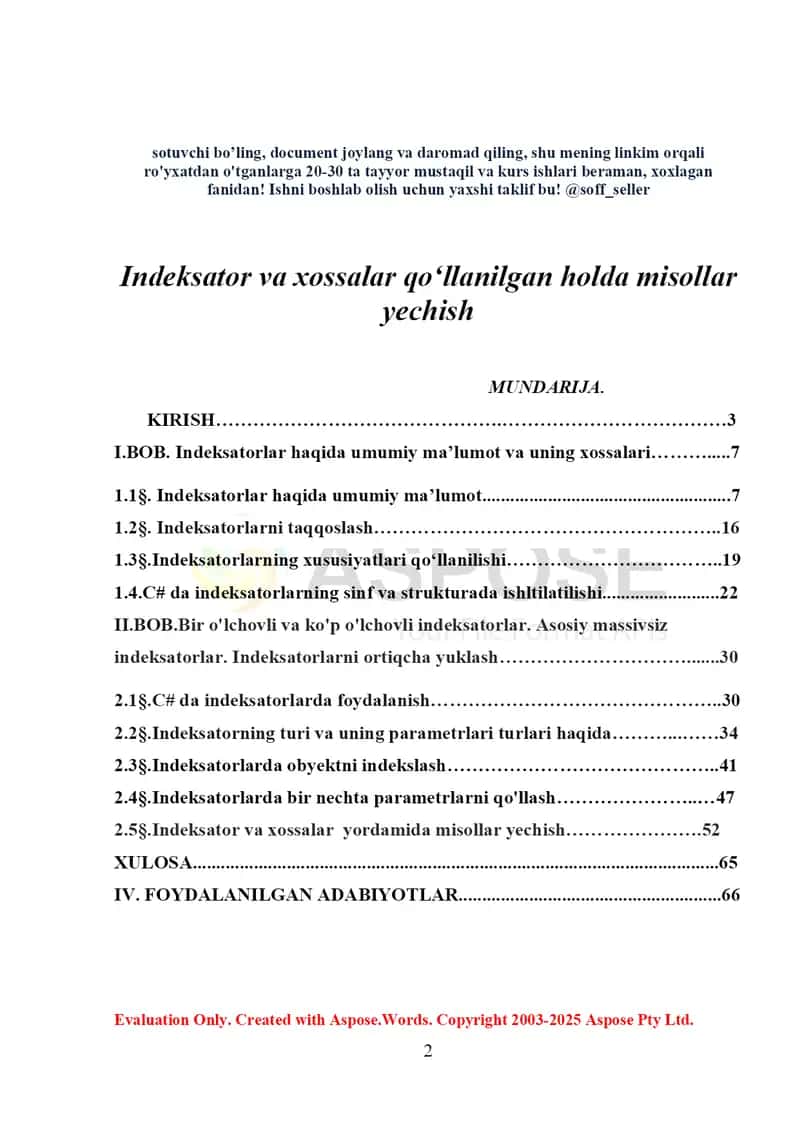 Indeksator va xossalar qo‘llanilgan holda misollar yechish 2
