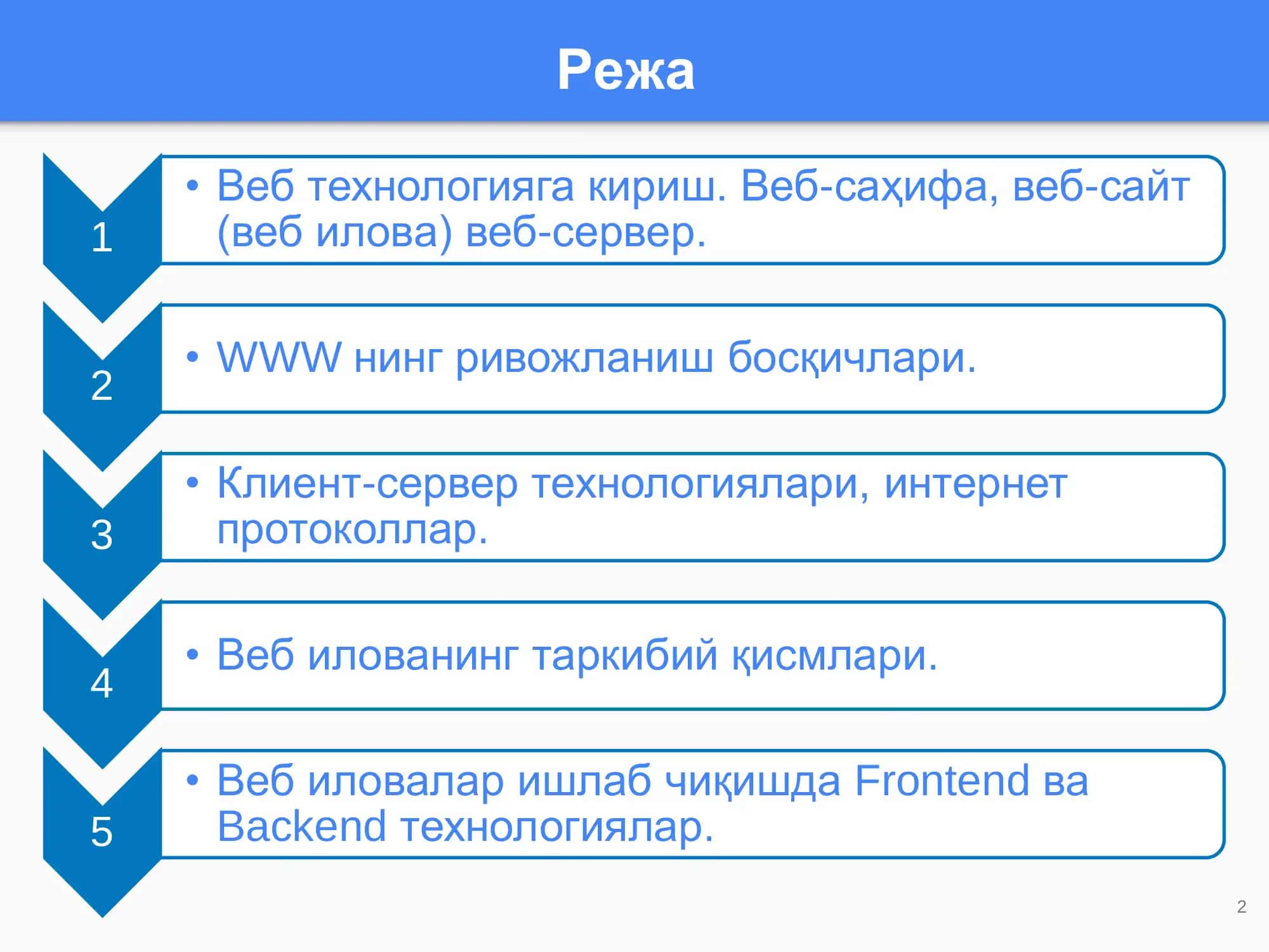 WEB дастурлашга кириш. Асосий тушунчалар. WWW ривожланиш босқичлари 2