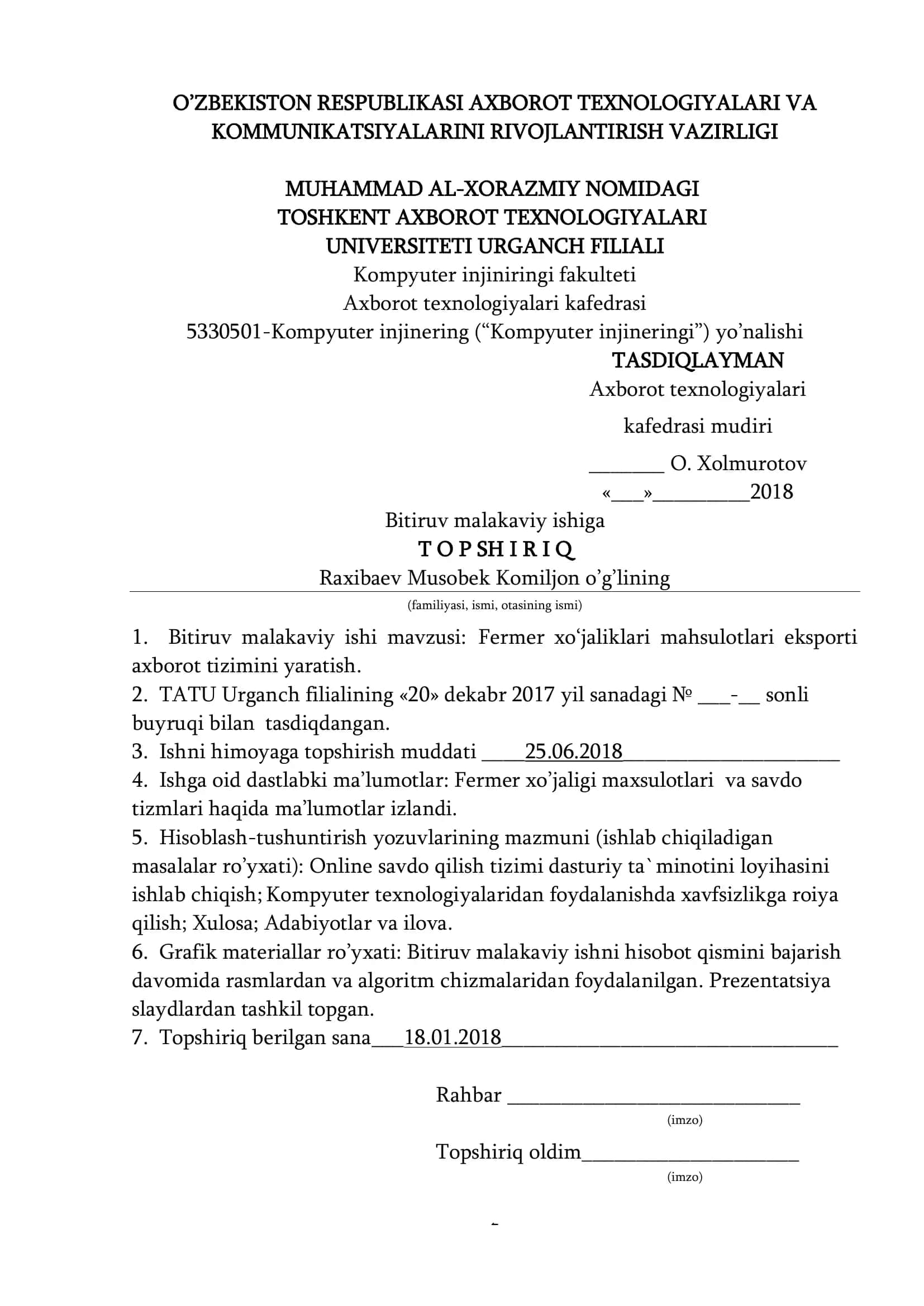 FERMER XО‘JALIKLARI MAHSULOTLARI EKSPORTI AXBOROT TIZIMINI YARATISH 2
