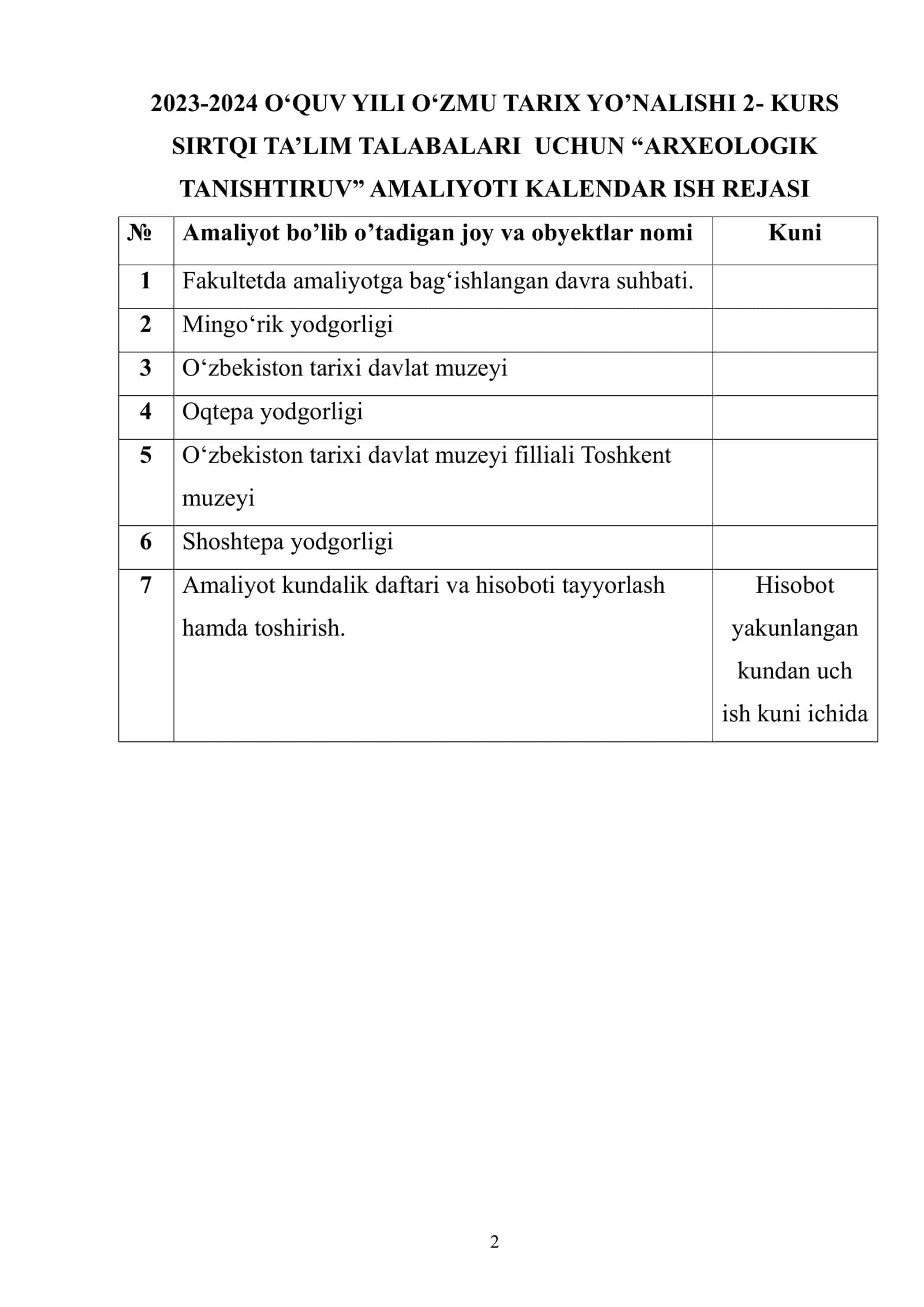 ARXEOLOGIK TANISHTIRUV amaliyot hisoboti 2