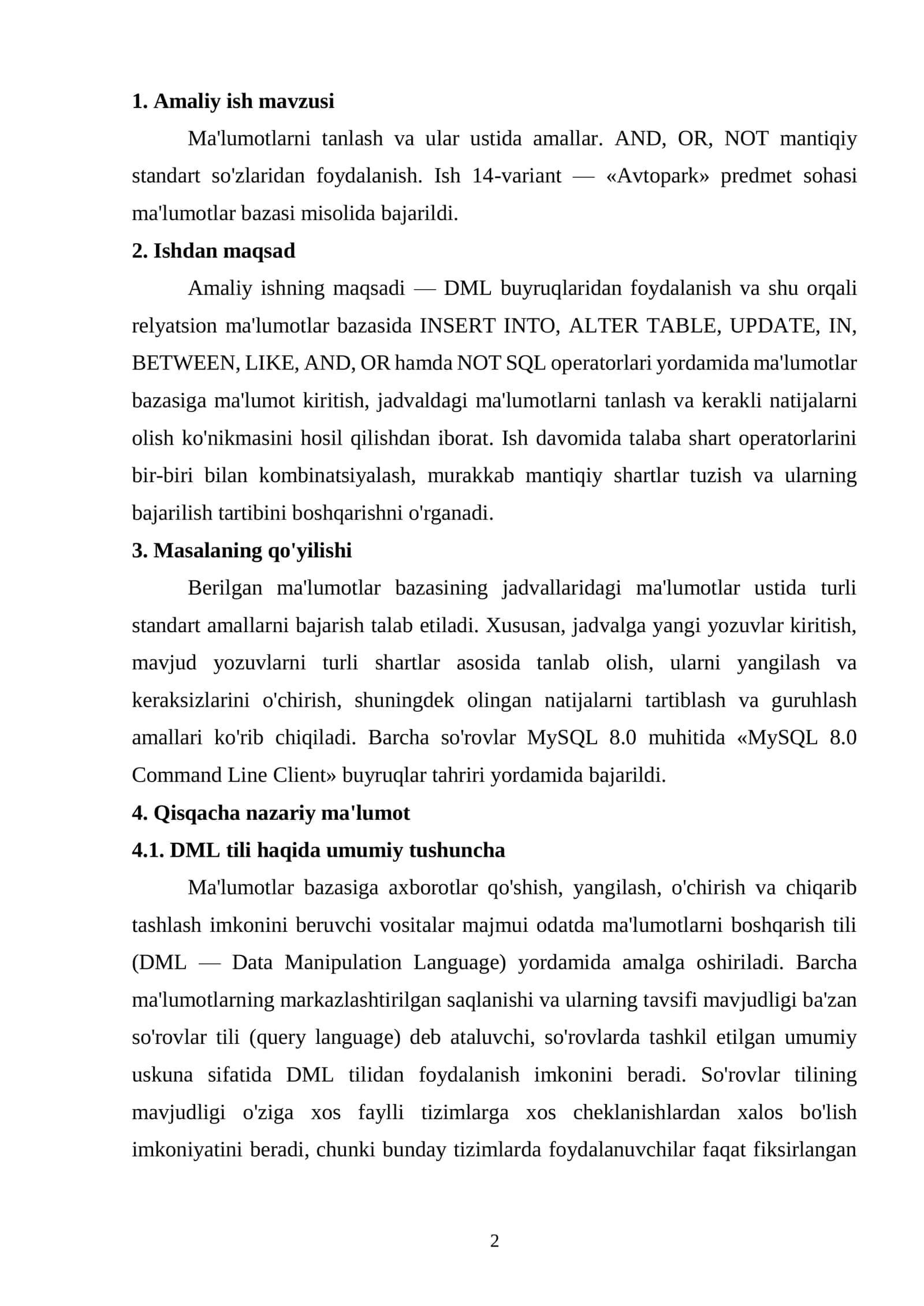 MUHAMMAD AL-XORAZMIY NOMIDAGI TOSHKENT AXBOROT TEXNOLOGIYALARI UNIVERSITETI 4-amaliy ish 2