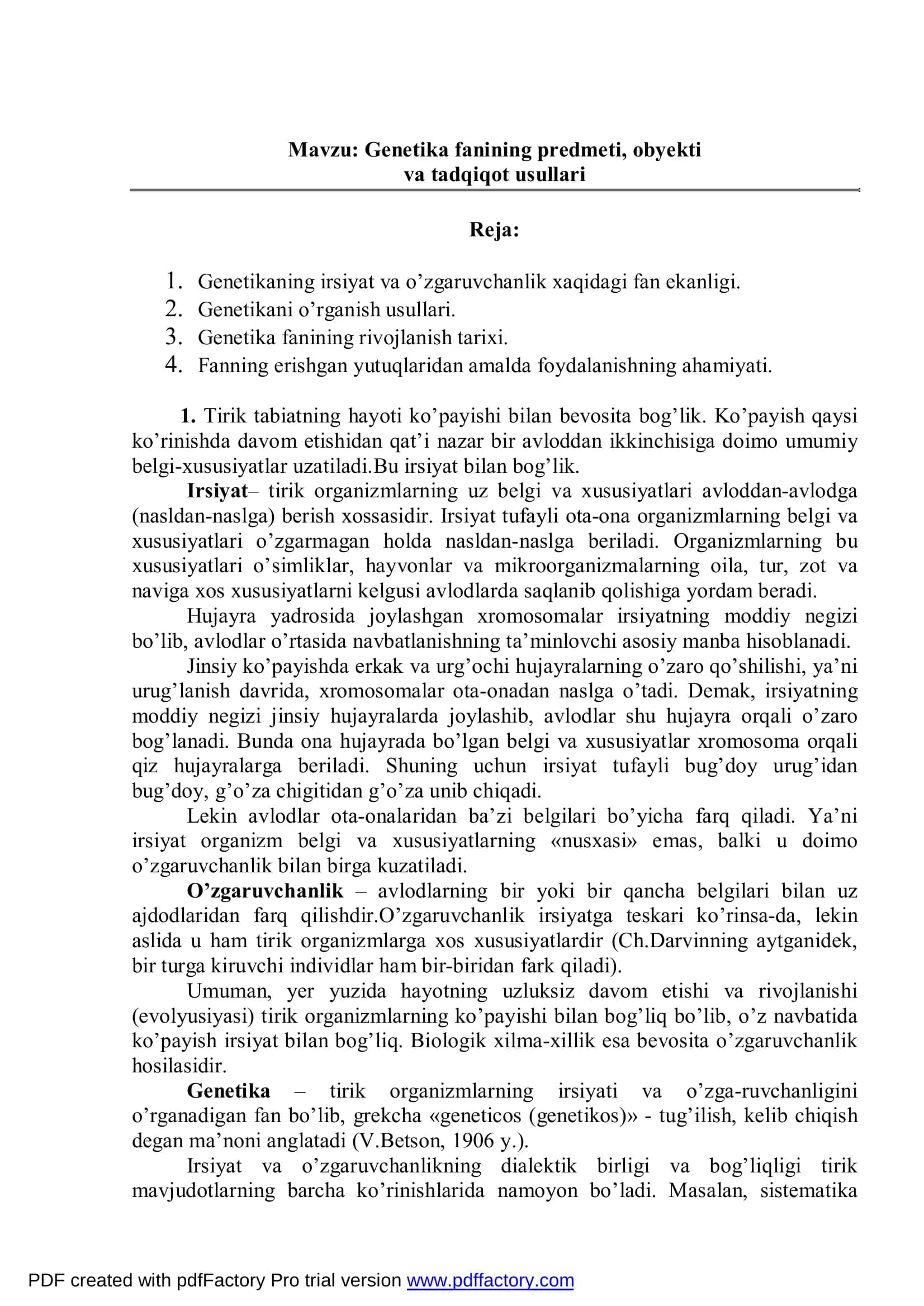 Genetika fanining predmeti, obyekti va tadqiqot usullari 2
