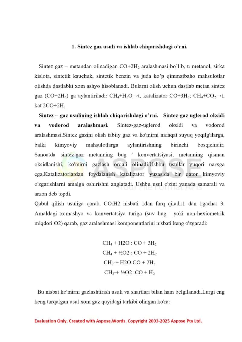 4. Sintez gaz usulida olinadigan mahsulotlar. Referat 5 bet. 2