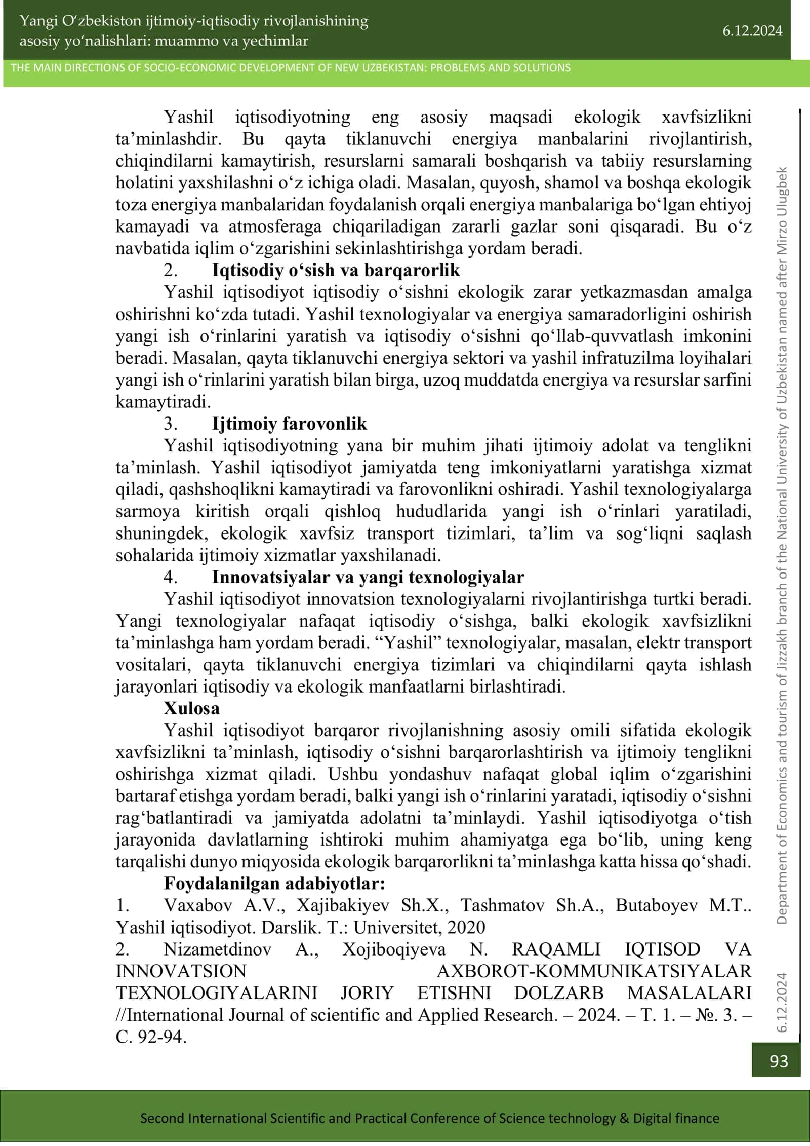 Barqaror rivojlanishni ta'minlashda "Yashil iqtisodiyot" ning o'rni 2