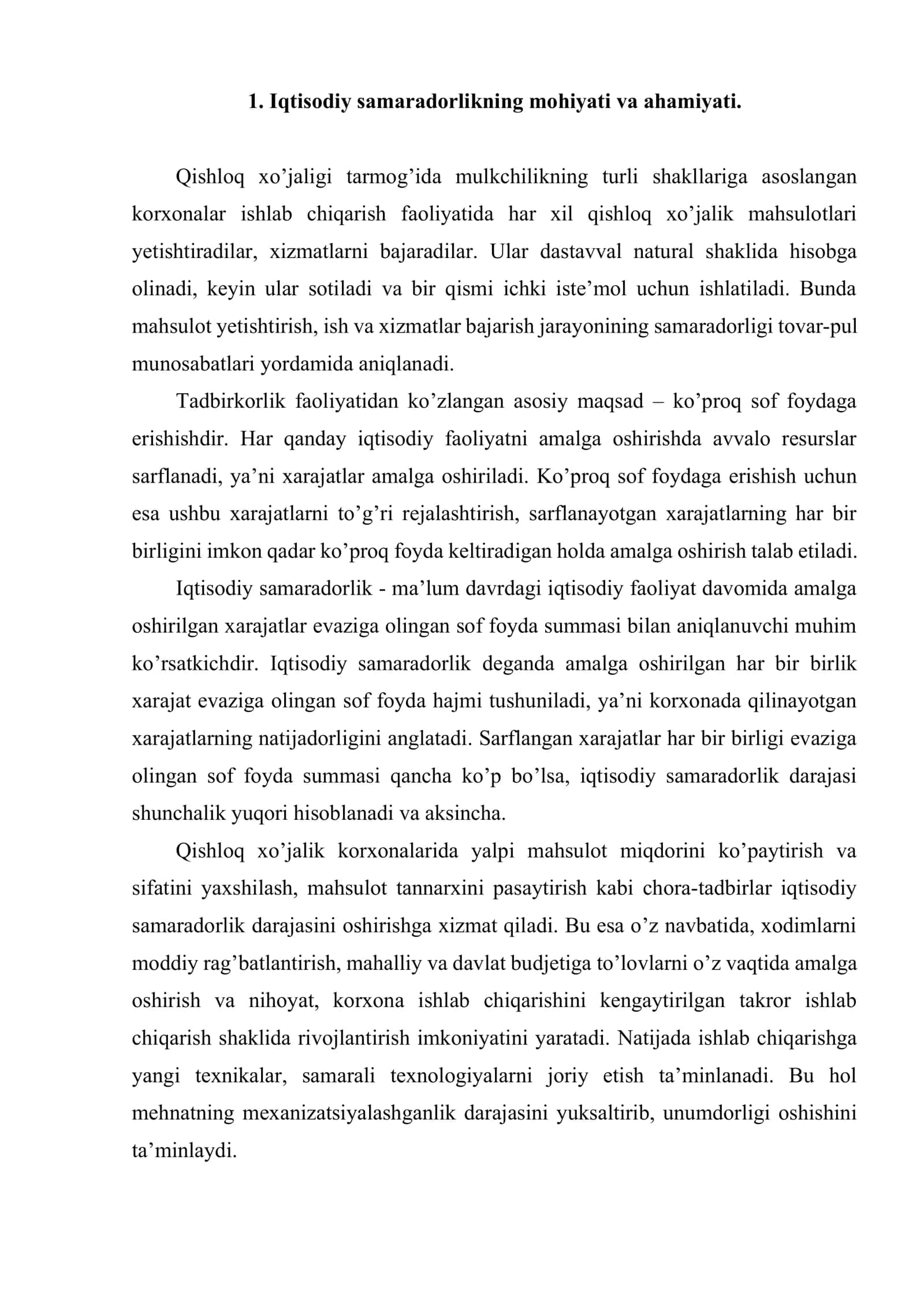 Qishloq xo’jaligi ishlab chiqarishining iqtisodiy samaradorligi 2