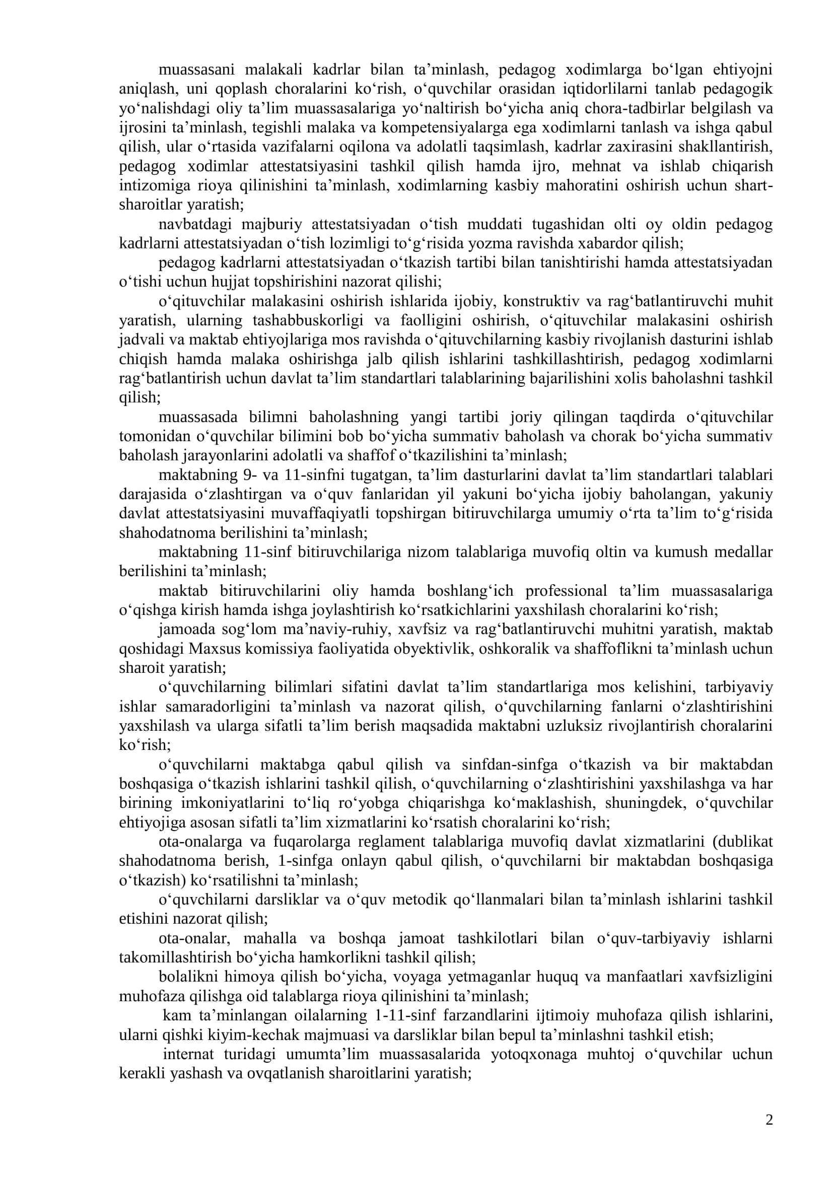 UMUMIY OʻRTA TAʼLIM MAKTABI (MAKTAB-INTERNAT) XODIMLARINING LAVOZIM YOʻRIQNOMALARI 2