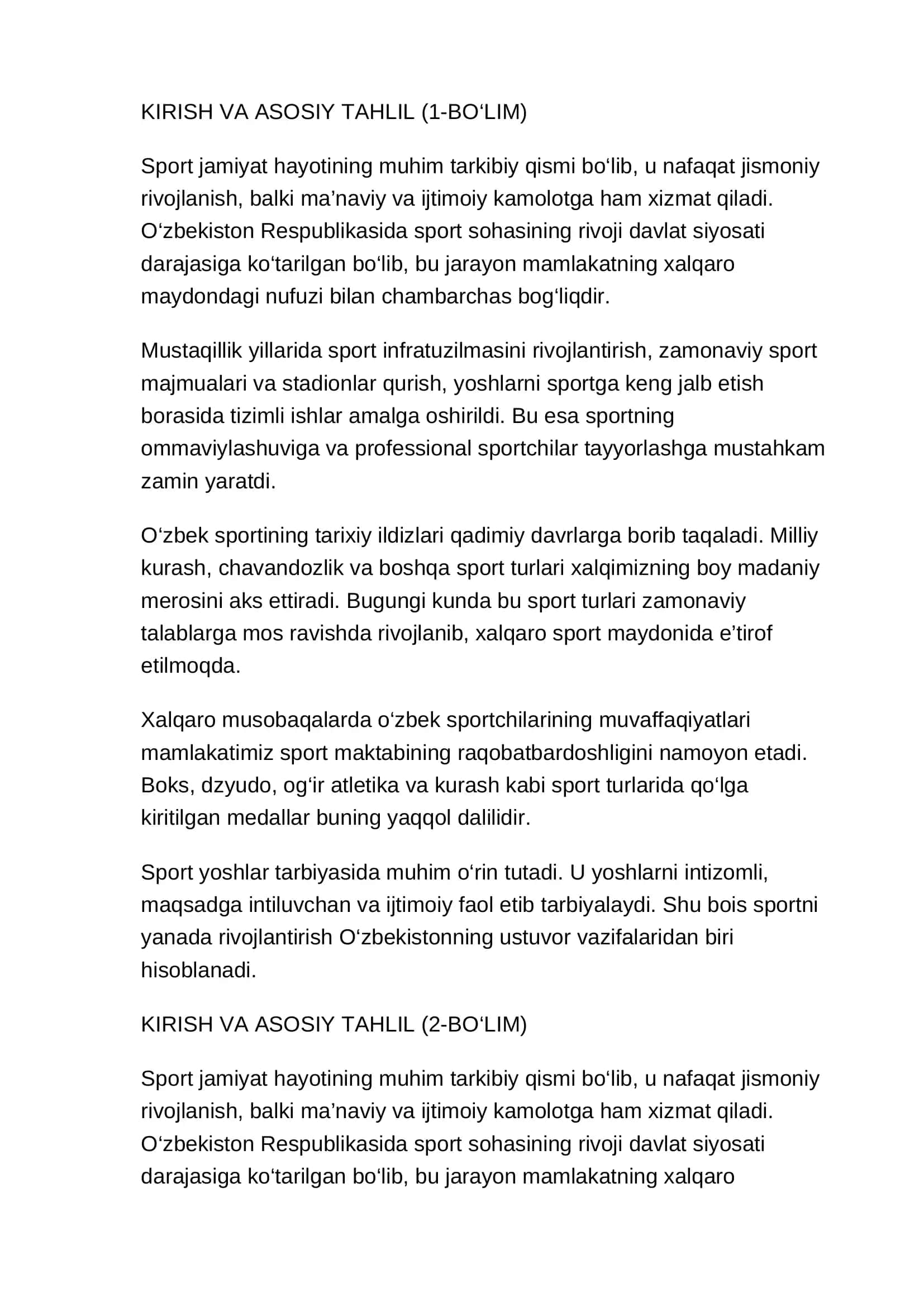 O'zbek sportining dunyoda tutgan o'rnini 2