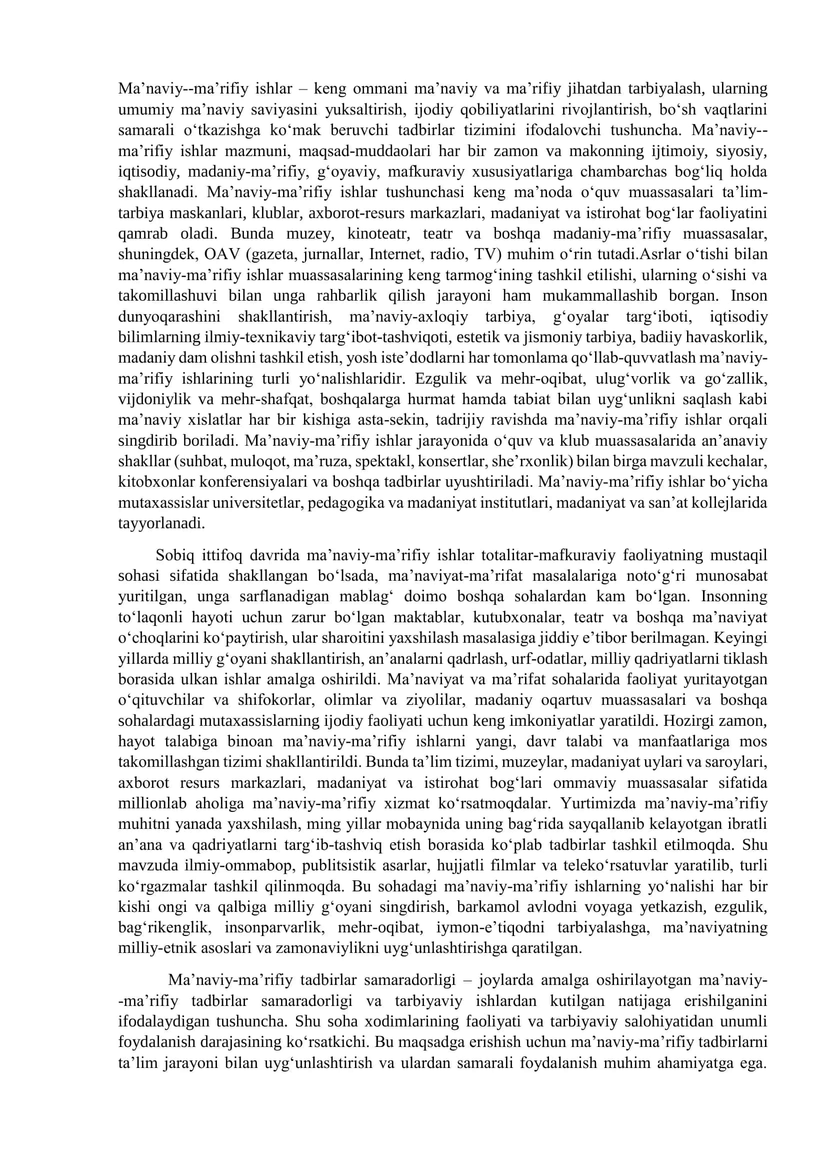 Ma’naviy-ma’rifiy ishlar tizimi. Ma`naviy-ma`rifiy ishlarni tartibga soluvchi me`yoriy-huquqiy hujjatlar. 2