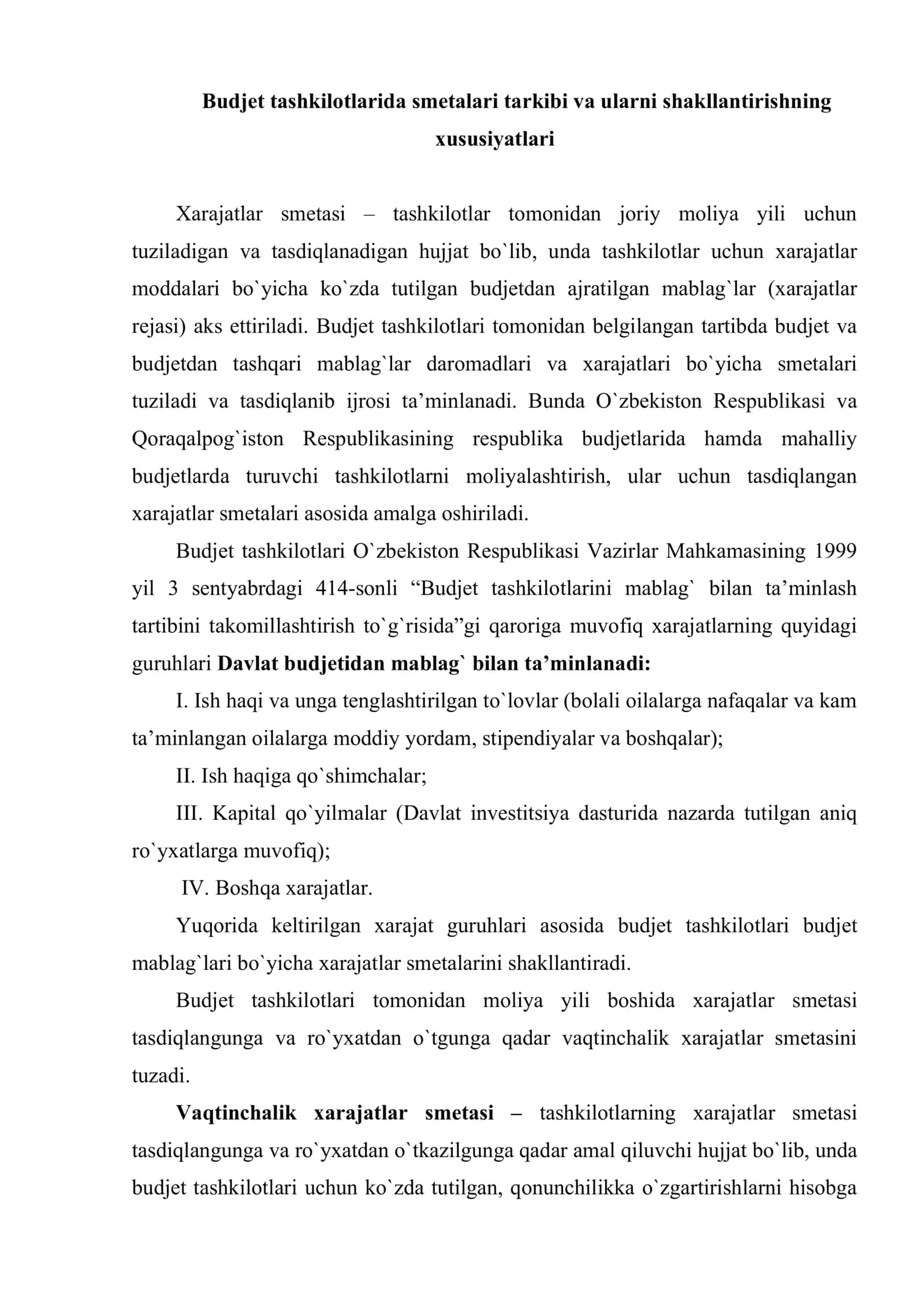 Budjet tashkilotlarida budjet va budjetdan tashqari mablag`lar bo`yicha daromadlar va xarajatlar smetalari hamda shtatlar jadvalini tuzish, tasdiqlash va taqdim etish tartibi 2