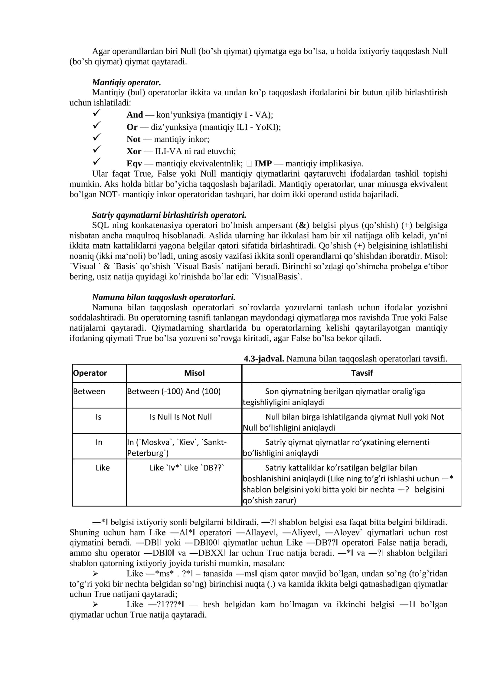 Ma’lumotlar bazasida operatorlardan foydalanish 2