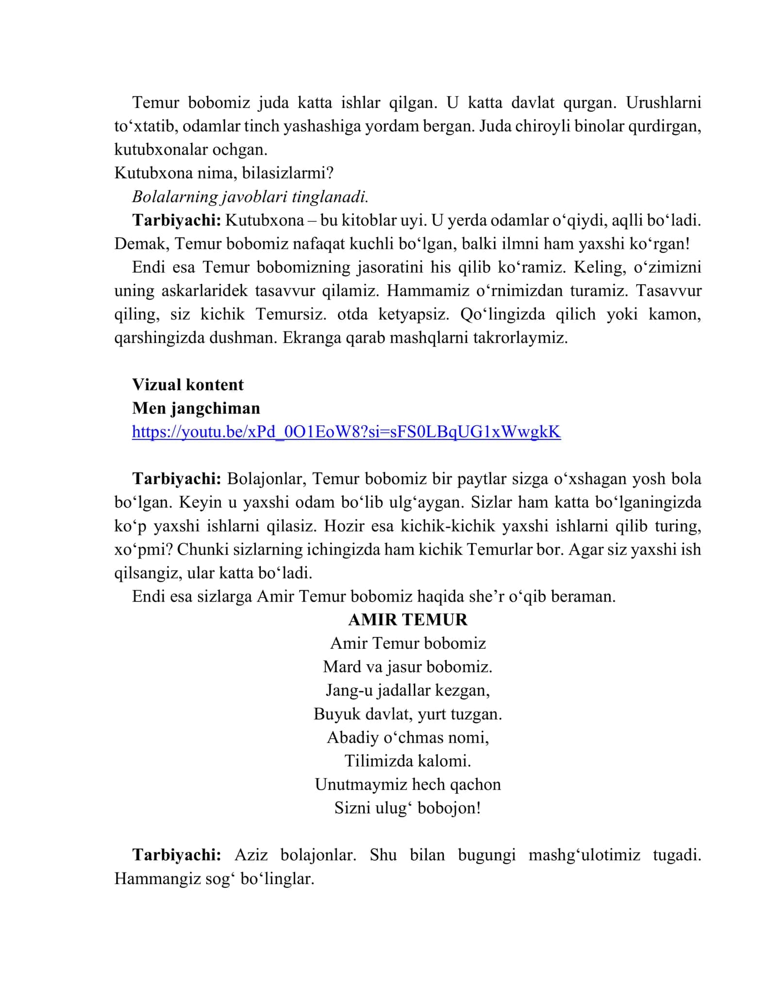 Maktabgacha Ta'lim Tashkilotlari Tarbiyalanuvchilari Uchun Davra Suhbati: "Amir Temur Bobomiz" 2
