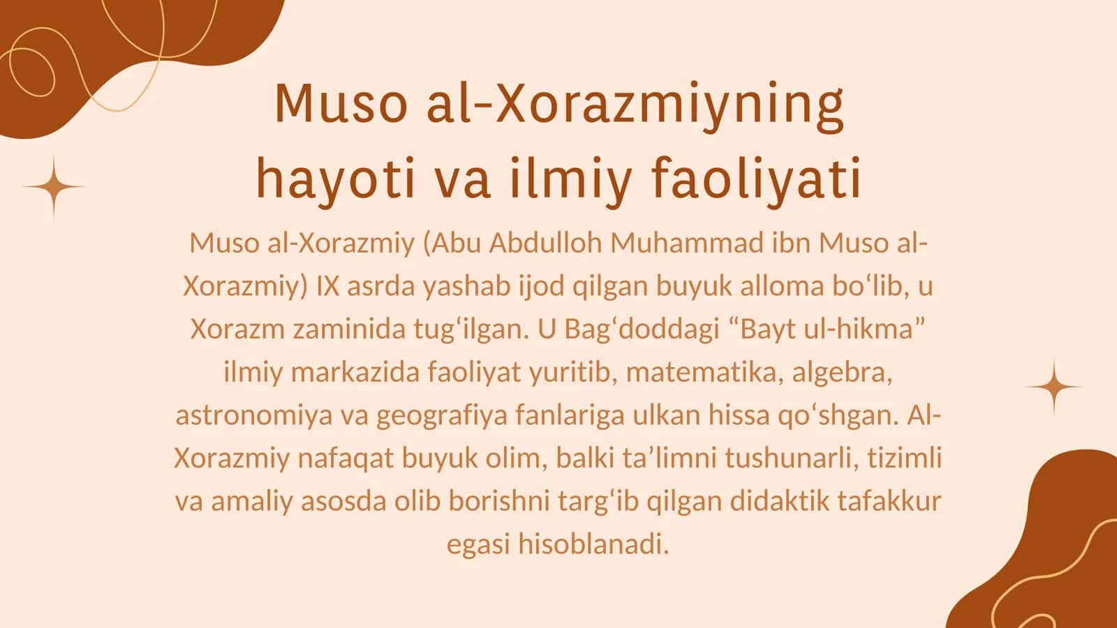 Muso Al Xorzmiz haqida ma'lumot slayd 2