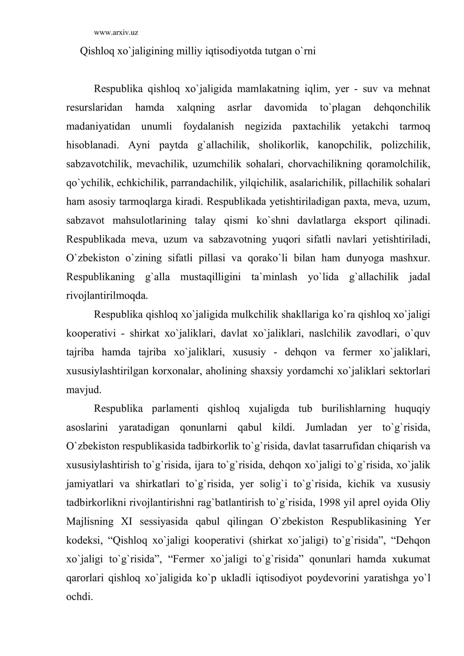 Qishloq xo`jaligining milliy iqtisodiyotda tutgan o`rni 2