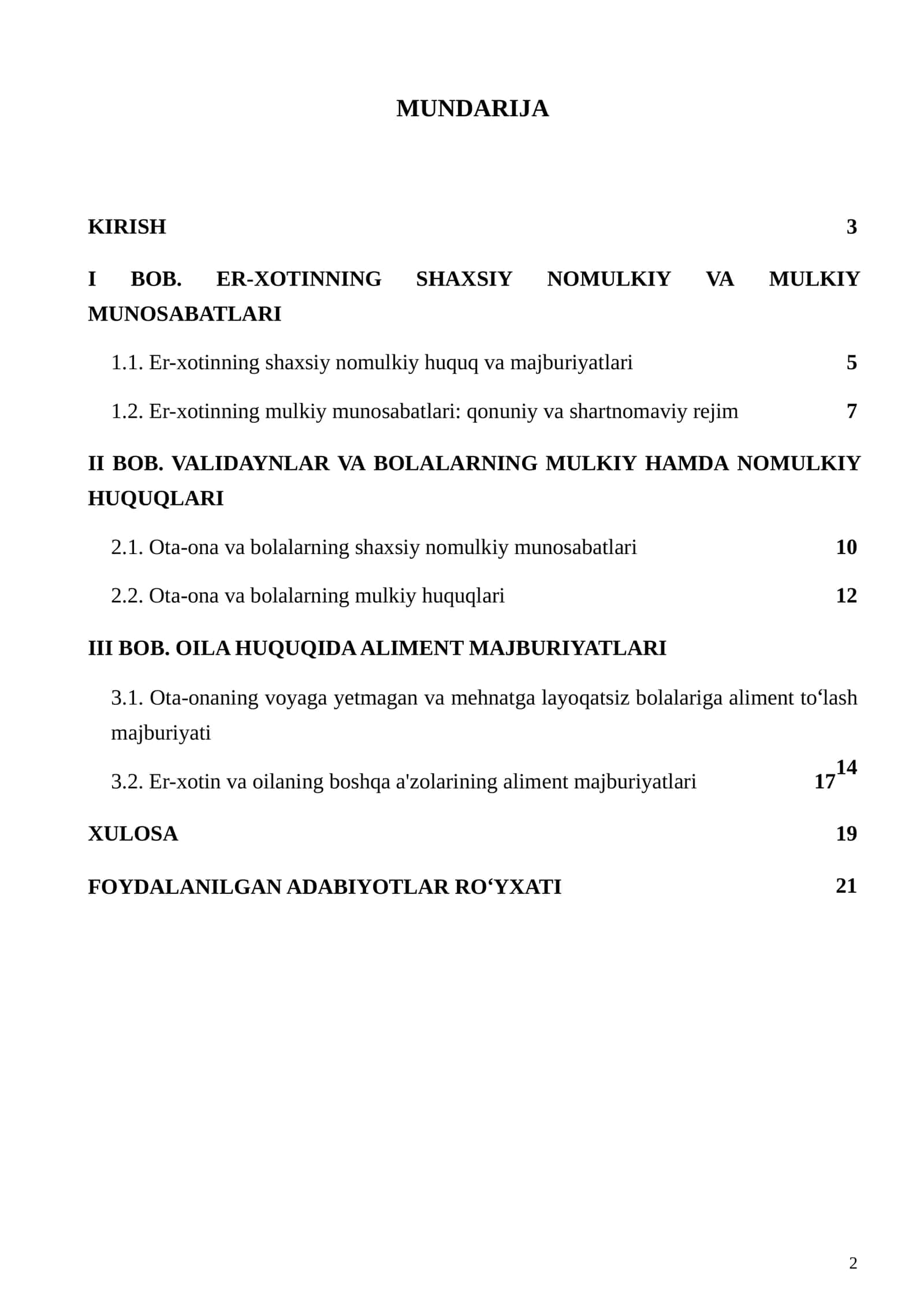Oila a'zolarining mulkiy va shaxsiy nomulkiy munosabatlari, aliment majburiyatlari 2