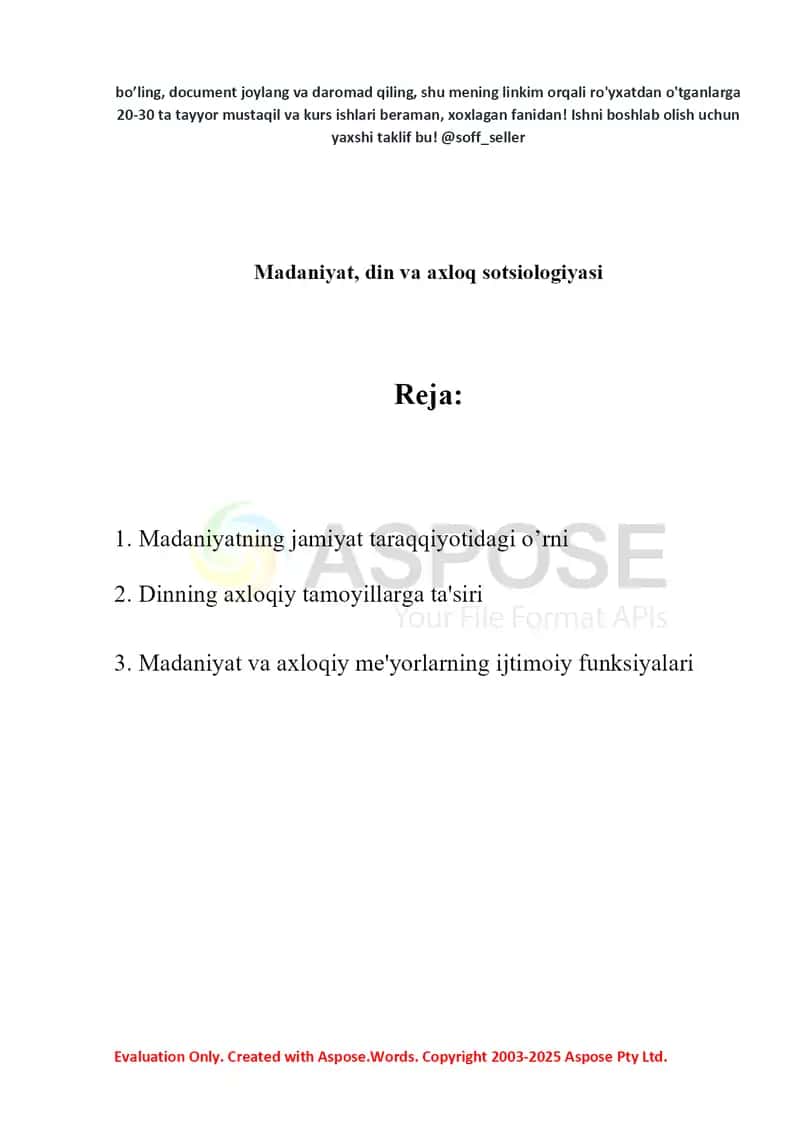 Madaniyat, din va axloq sotsiologiyasi (Referat) 2